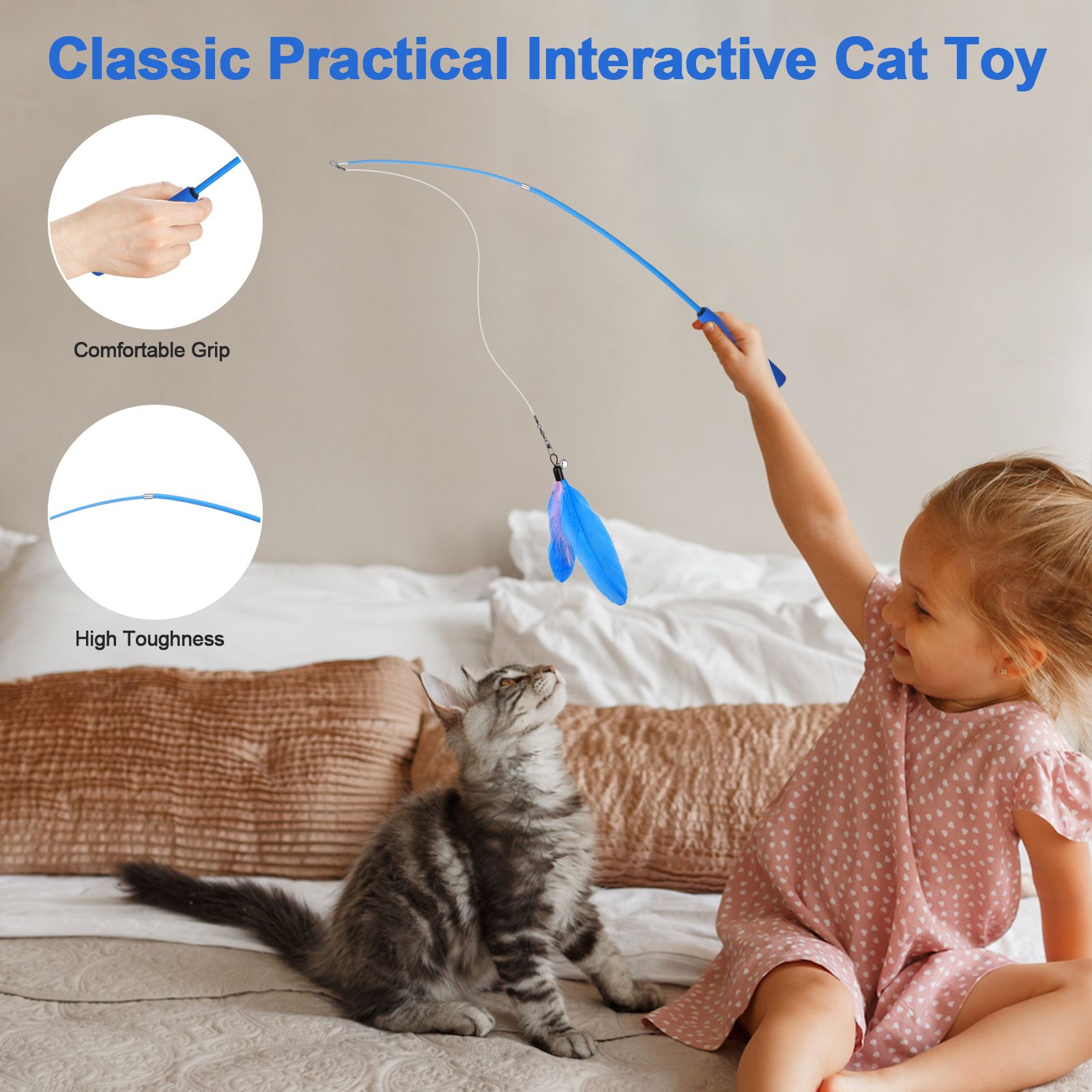 12pcs Cat Wand Toys, 2pcs Retractable Cat Wand Toy + 10pcs Cat Feather for Indoor Cats and Kittens