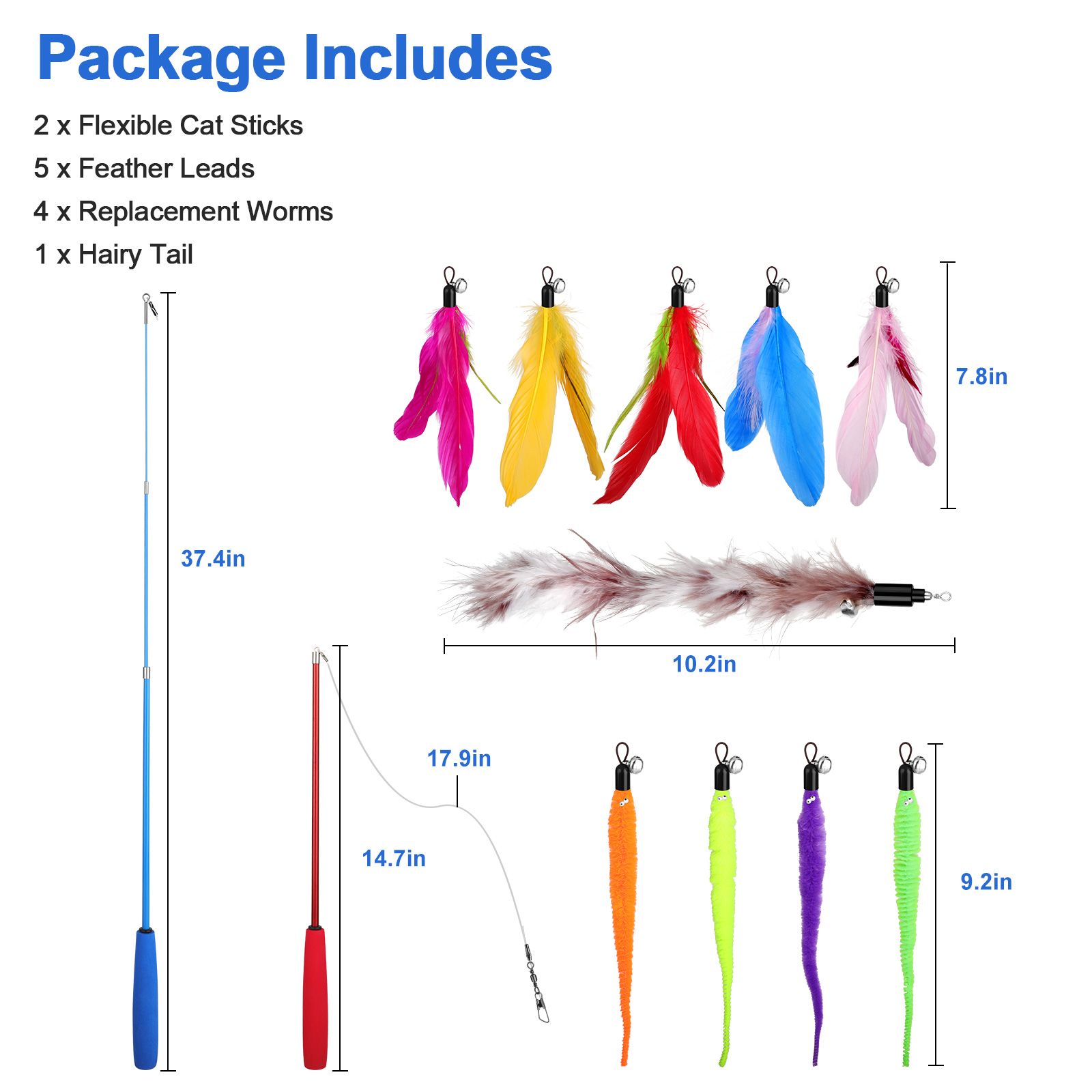 12pcs Cat Wand Toys, 2pcs Retractable Cat Wand Toy + 10pcs Cat Feather for Indoor Cats and Kittens