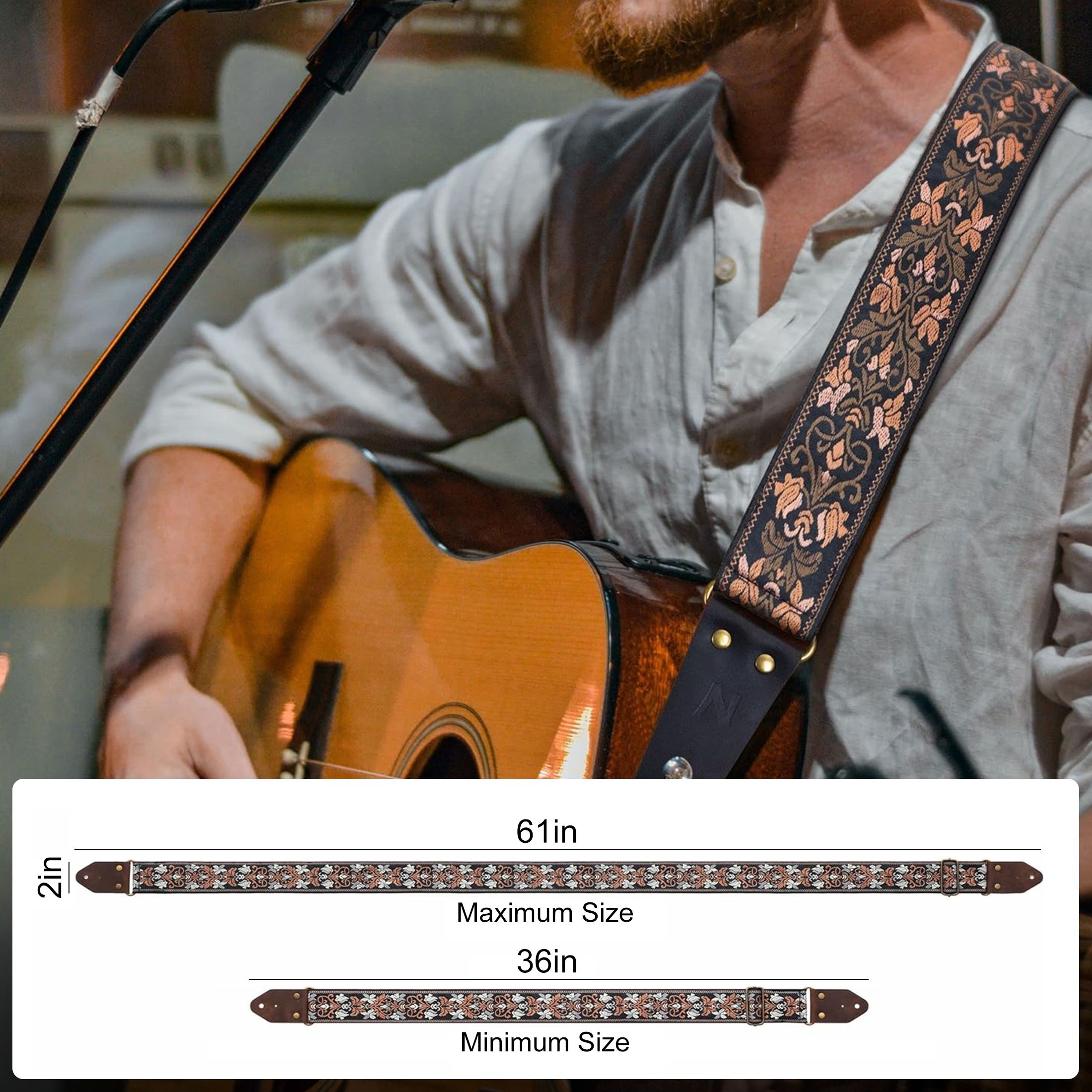 91-155cm Adjustable Guitar Strap for Acoustic/Electric Guitar Bass Ukulele, Embroidered Cotton Guitar Strap for Men & Women