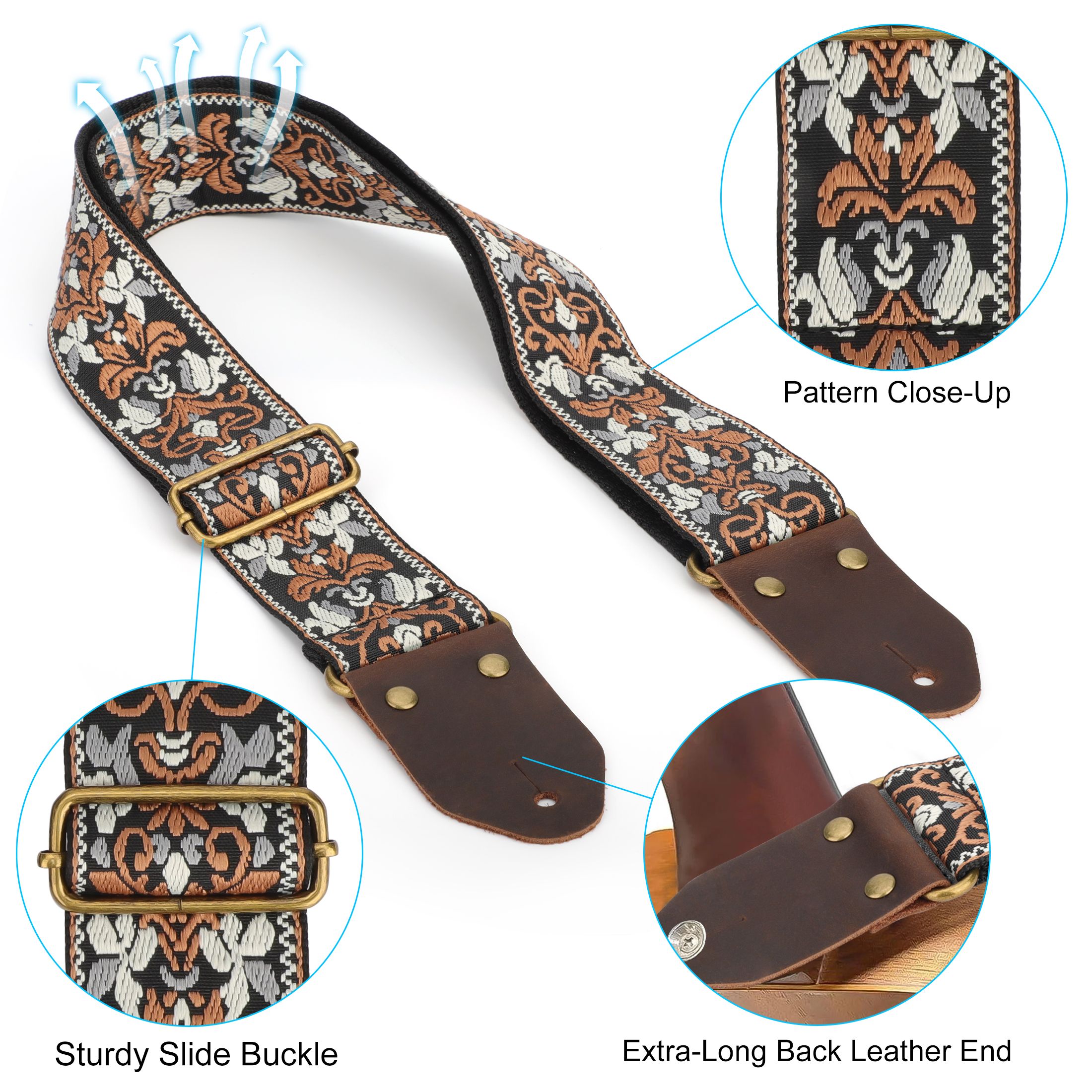91-155cm Adjustable Guitar Strap for Acoustic/Electric Guitar Bass Ukulele, Embroidered Cotton Guitar Strap for Men & Women