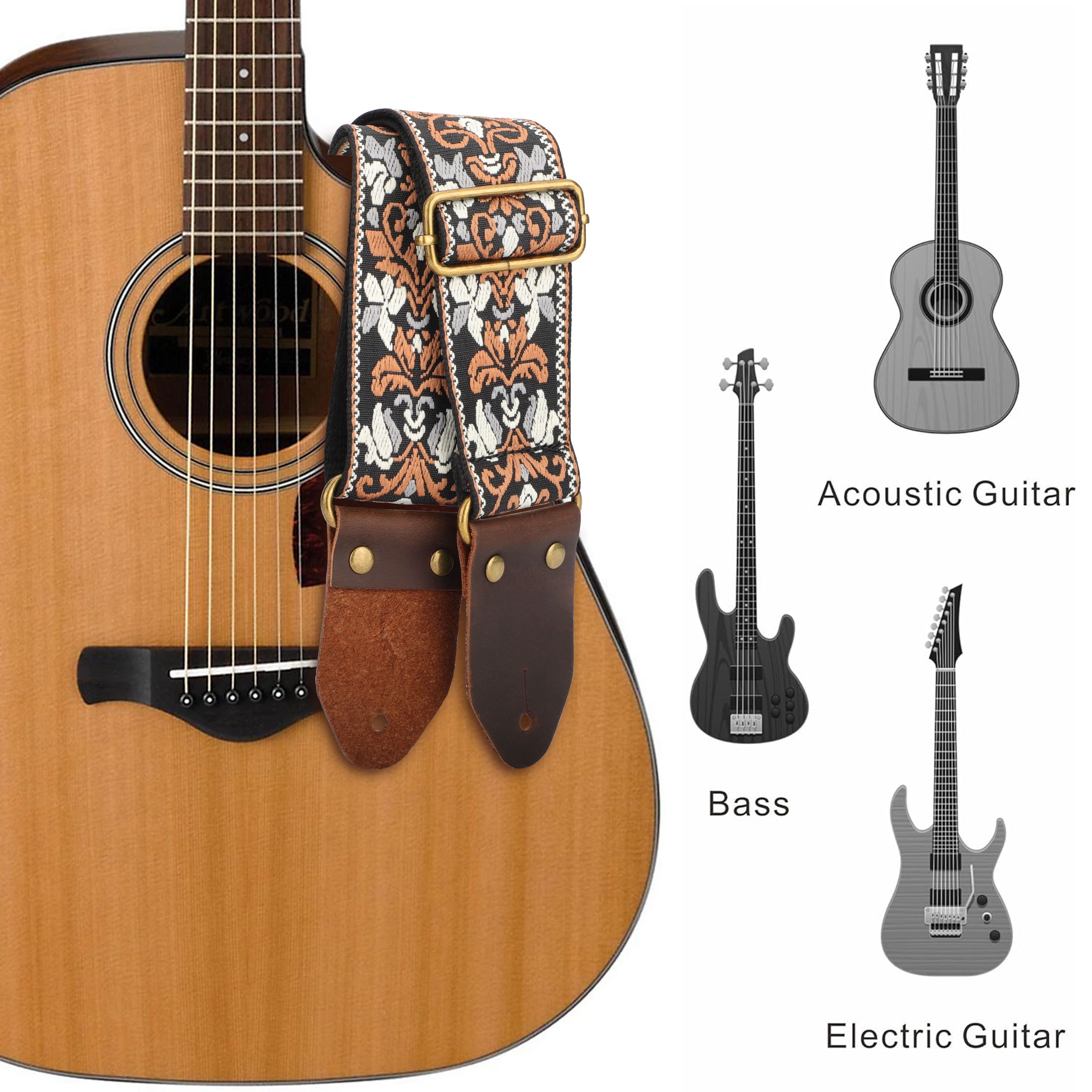 91-155cm Adjustable Guitar Strap for Acoustic/Electric Guitar Bass Ukulele, Embroidered Cotton Guitar Strap for Men & Women