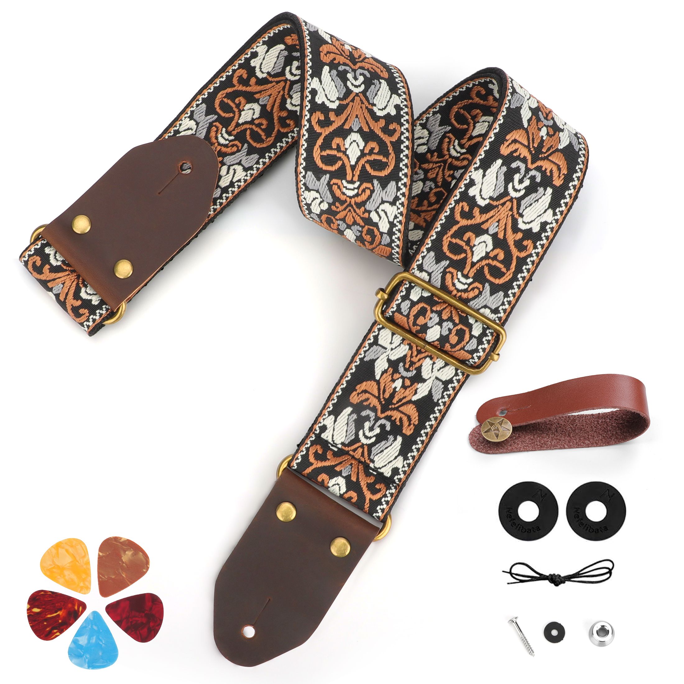 91-155cm Adjustable Guitar Strap for Acoustic/Electric Guitar Bass Ukulele, Embroidered Cotton Guitar Strap for Men & Women