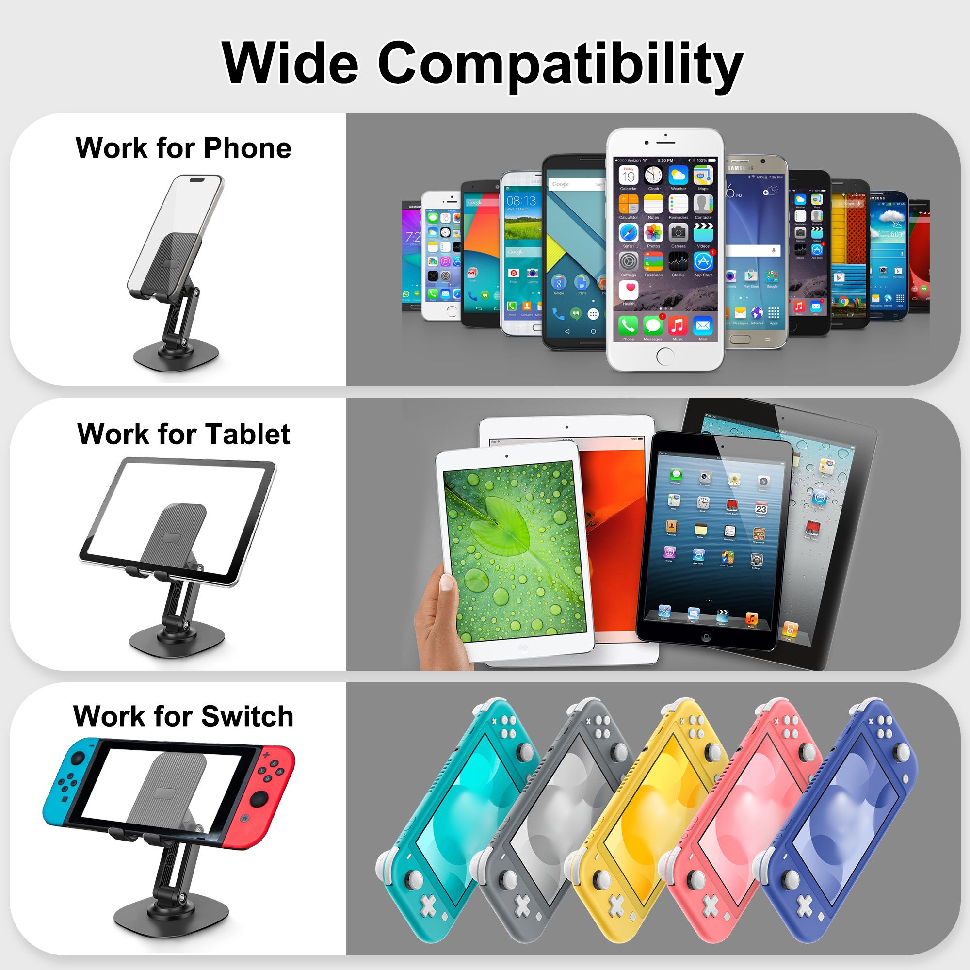 Cell Phone Stand for Desk, Angle Height Adjustable Cellphone Holder Dock Portable Cellphone Cradle Compatible with All Mobile Phones Tablet