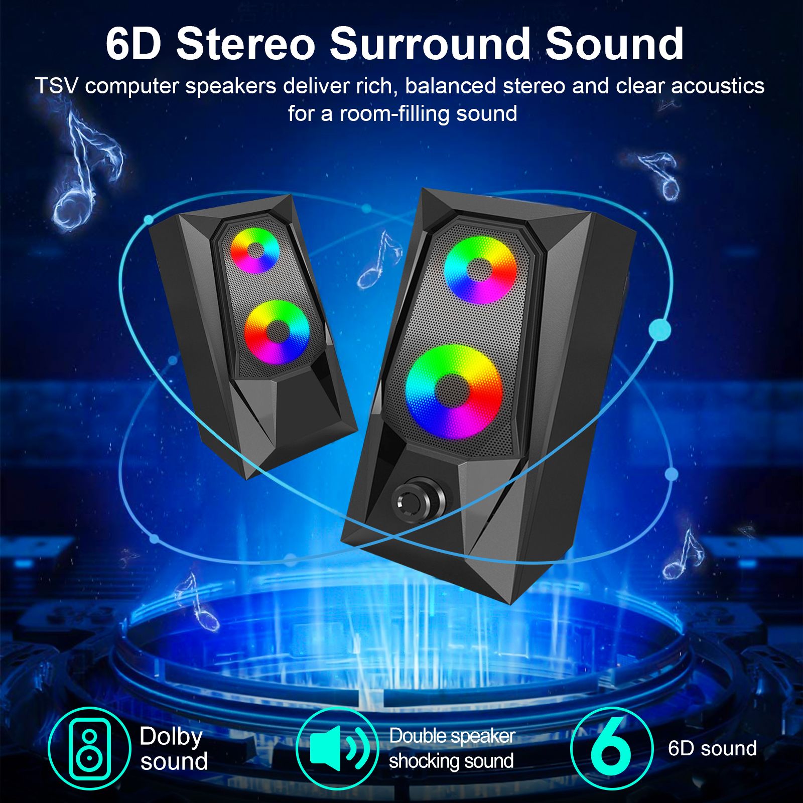 Computer Speakers for Desktop, USB Powered Dynamic RGB PC Gaming Speaker, 2.0 Enhanced Stereo, 3.5mm Wired Laptop Speakers for PC Desktop Smartphone Tablets(Original Damaged Speaker's Alternatives)