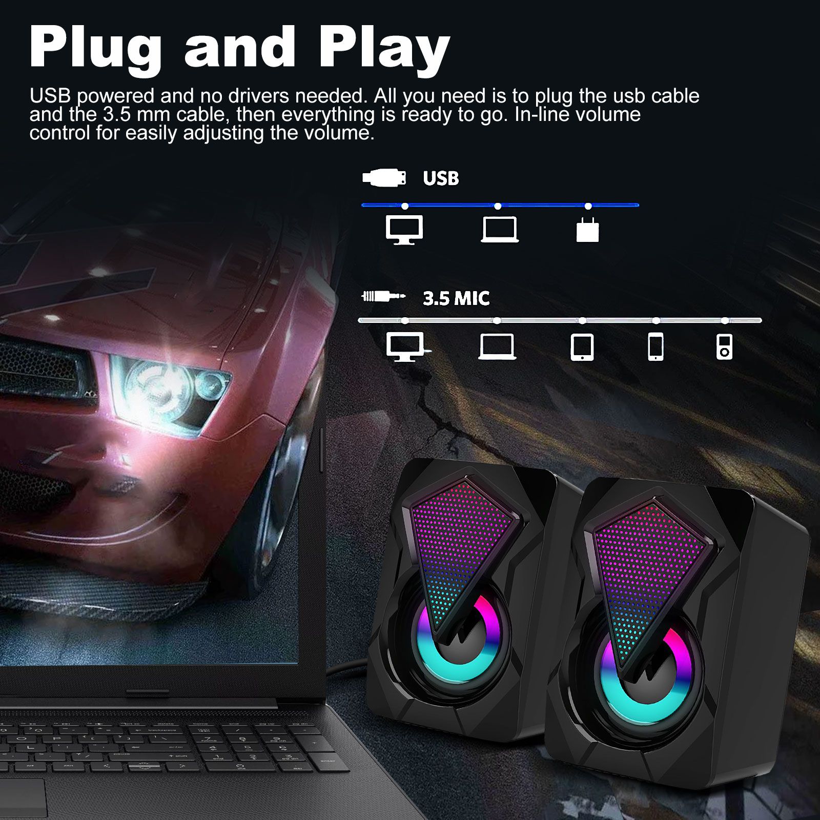 Computer Speakers for Desktop Laptop, 2.0 Stereo RGB PC Gaming Speakers with 7 Colors LED Lights, USB-Powered 3.5mm Wired Speakers for PC Smartphone Tablet(Original Damaged Speaker's Alternatives)