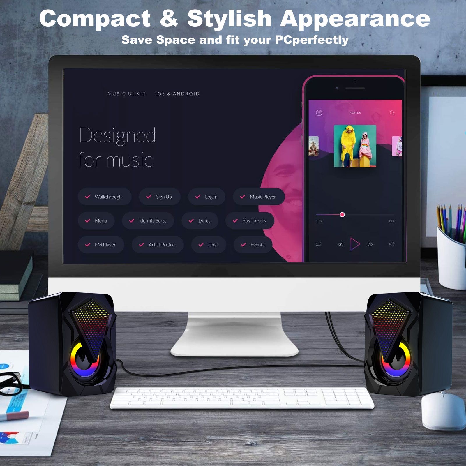 Computer Speakers for Desktop Laptop, 2.0 Stereo RGB PC Gaming Speakers with 7 Colors LED Lights, USB-Powered 3.5mm Wired Speakers for PC Smartphone Tablet(Original Damaged Speaker's Alternatives)