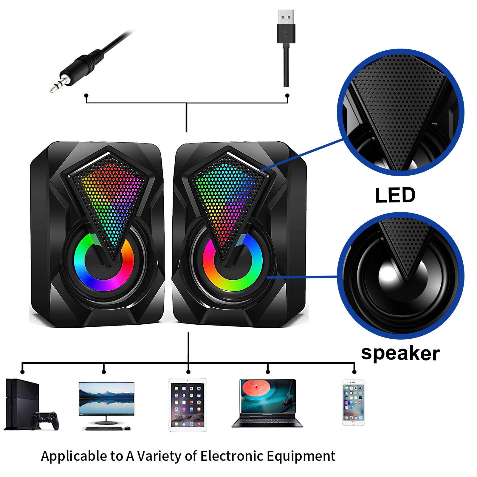 Computer Speakers for Desktop Laptop, 2.0 Stereo RGB PC Gaming Speakers with 7 Colors LED Lights, USB-Powered 3.5mm Wired Speakers for PC Smartphone Tablet(Original Damaged Speaker's Alternatives)