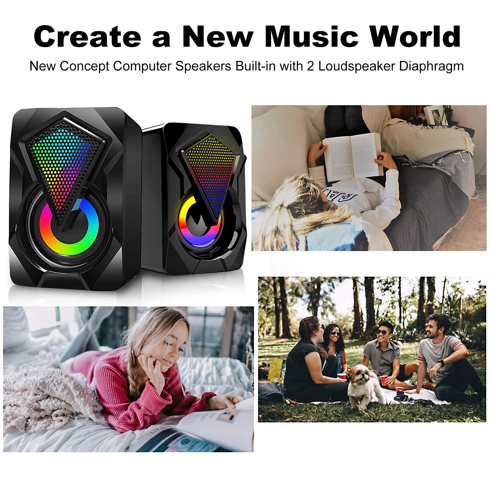 Computer Speakers for Desktop Laptop, 2.0 Stereo RGB PC Gaming Speakers with 7 Colors LED Lights, USB-Powered 3.5mm Wired Speakers for PC Smartphone Tablet(Original Damaged Speaker's Alternatives)