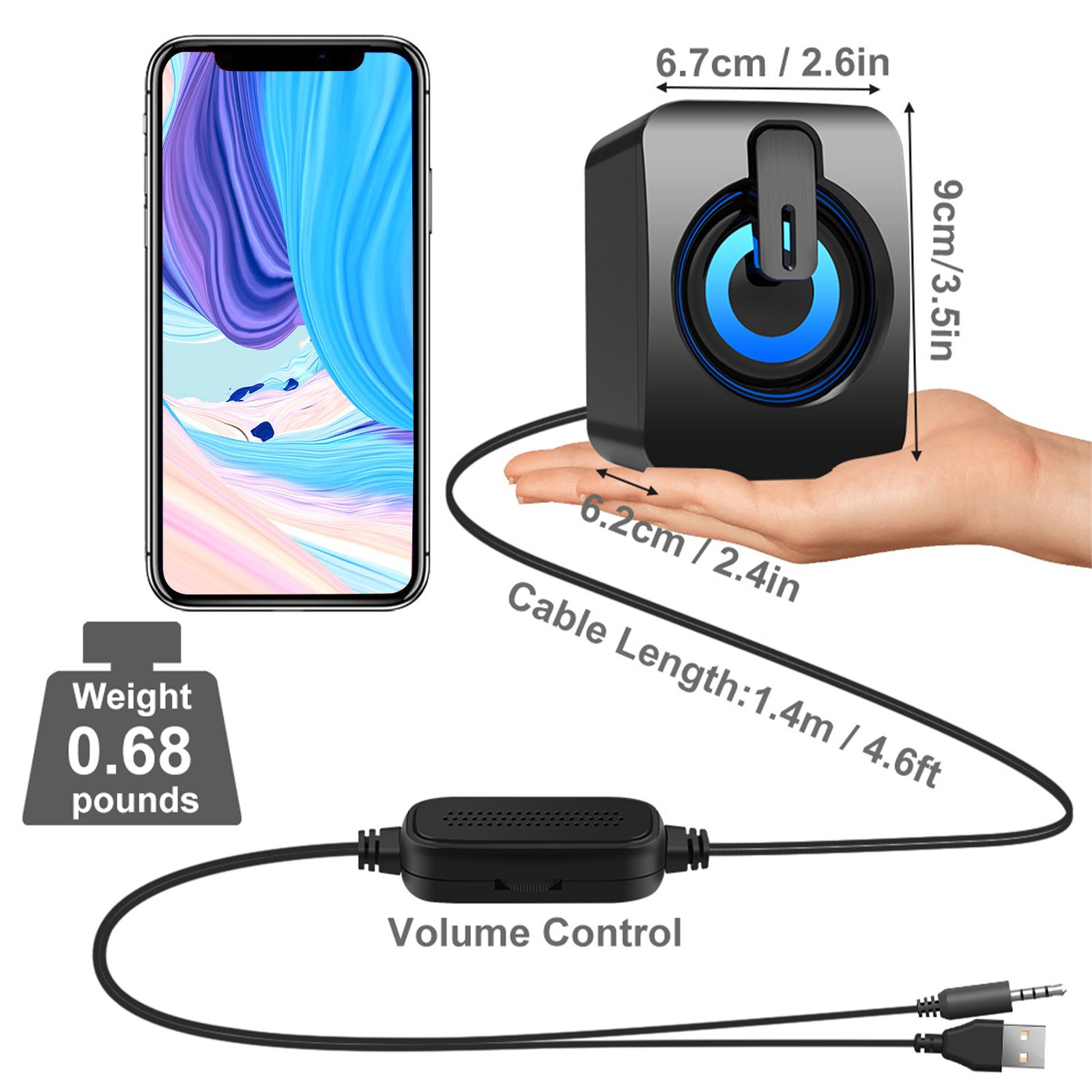 Computer Speakers for Desktop Laptop, Stereo RGB PC Gaming Speakers 7 Colors LED Lights, USB-Powered 3.5mm Wired Speakers for PC Smartphone Tablet(Original Damaged Speaker's Alternatives)