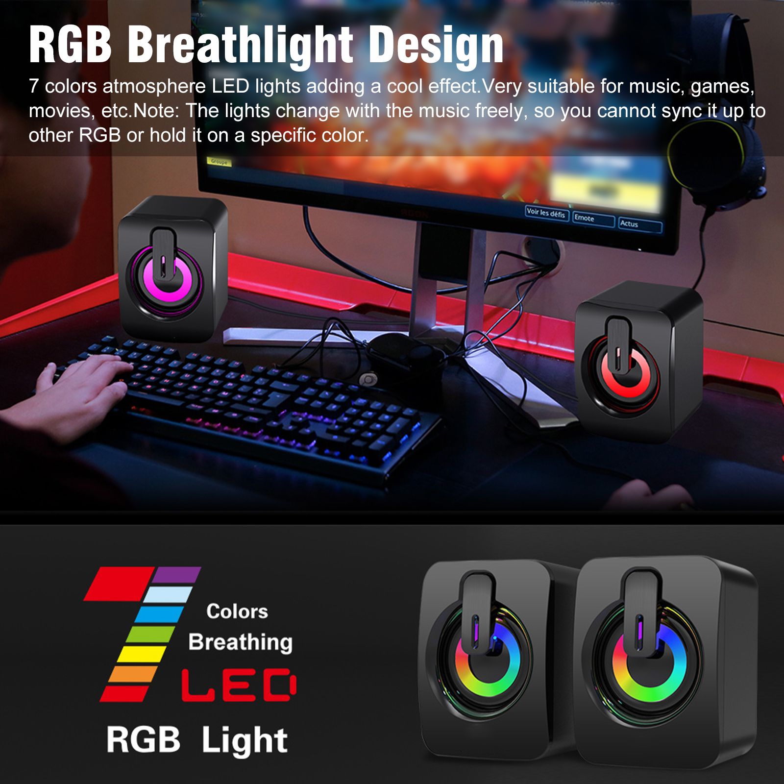 Computer Speakers for Desktop Laptop, Stereo RGB PC Gaming Speakers 7 Colors LED Lights, USB-Powered 3.5mm Wired Speakers for PC Smartphone Tablet(Original Damaged Speaker's Alternatives)