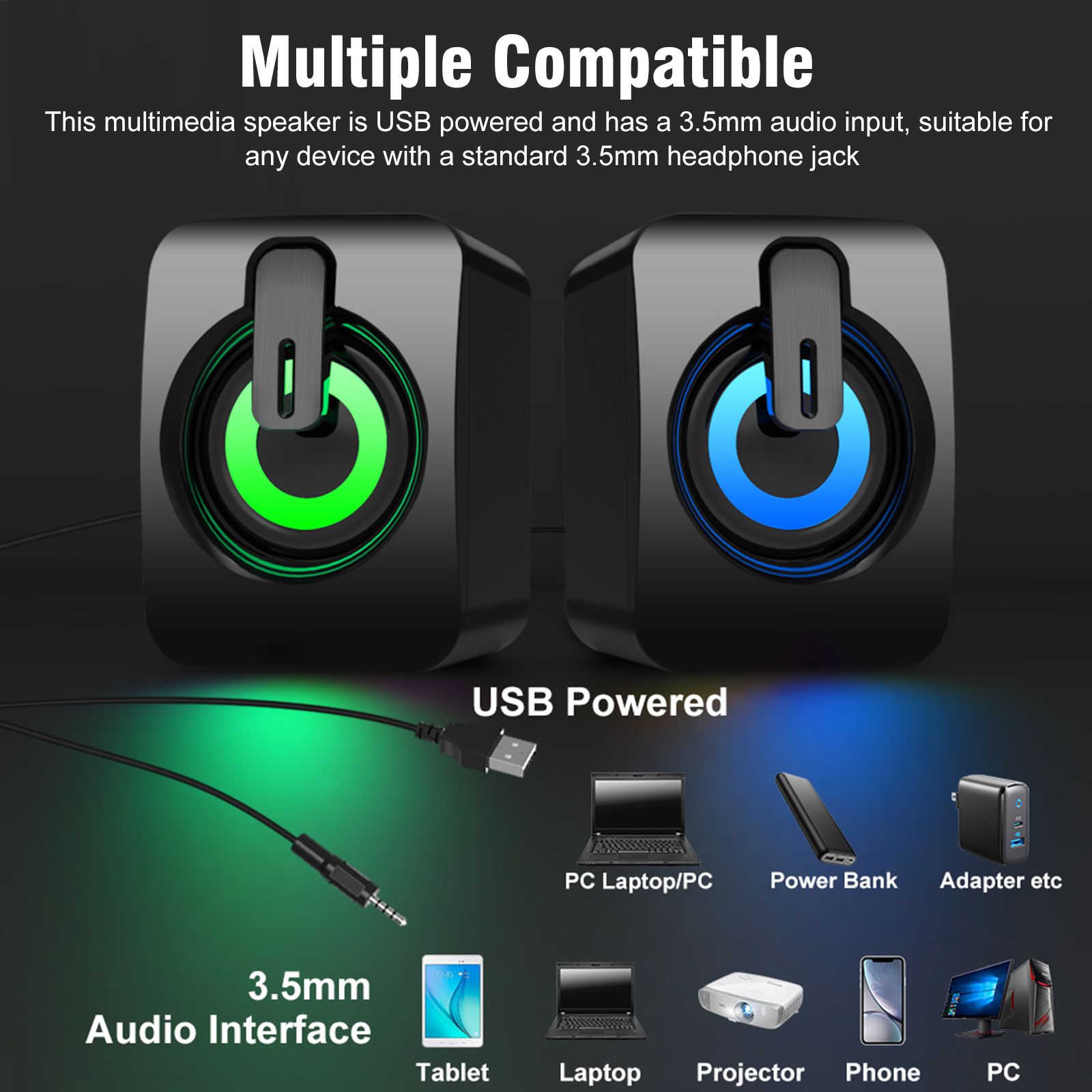 Computer Speakers for Desktop Laptop, Stereo RGB PC Gaming Speakers 7 Colors LED Lights, USB-Powered 3.5mm Wired Speakers for PC Smartphone Tablet(Original Damaged Speaker's Alternatives)