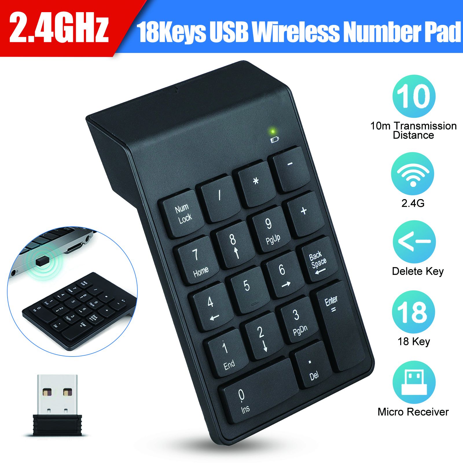 Wireless Number Pad, Portable USB 2.4GHz 18-Key Financial Accounting Numeric Keypad Keyboard Extensions Compatible with Data Entry in Excel for Laptop, PC, Desktop, Surface Pro, Notebook, etc