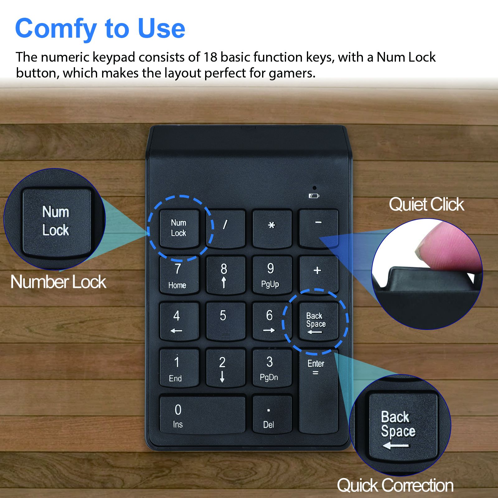 Wireless Number Pad, Portable USB 2.4GHz 18-Key Financial Accounting Numeric Keypad Keyboard Extensions Compatible with Data Entry in Excel for Laptop, PC, Desktop, Surface Pro, Notebook, etc