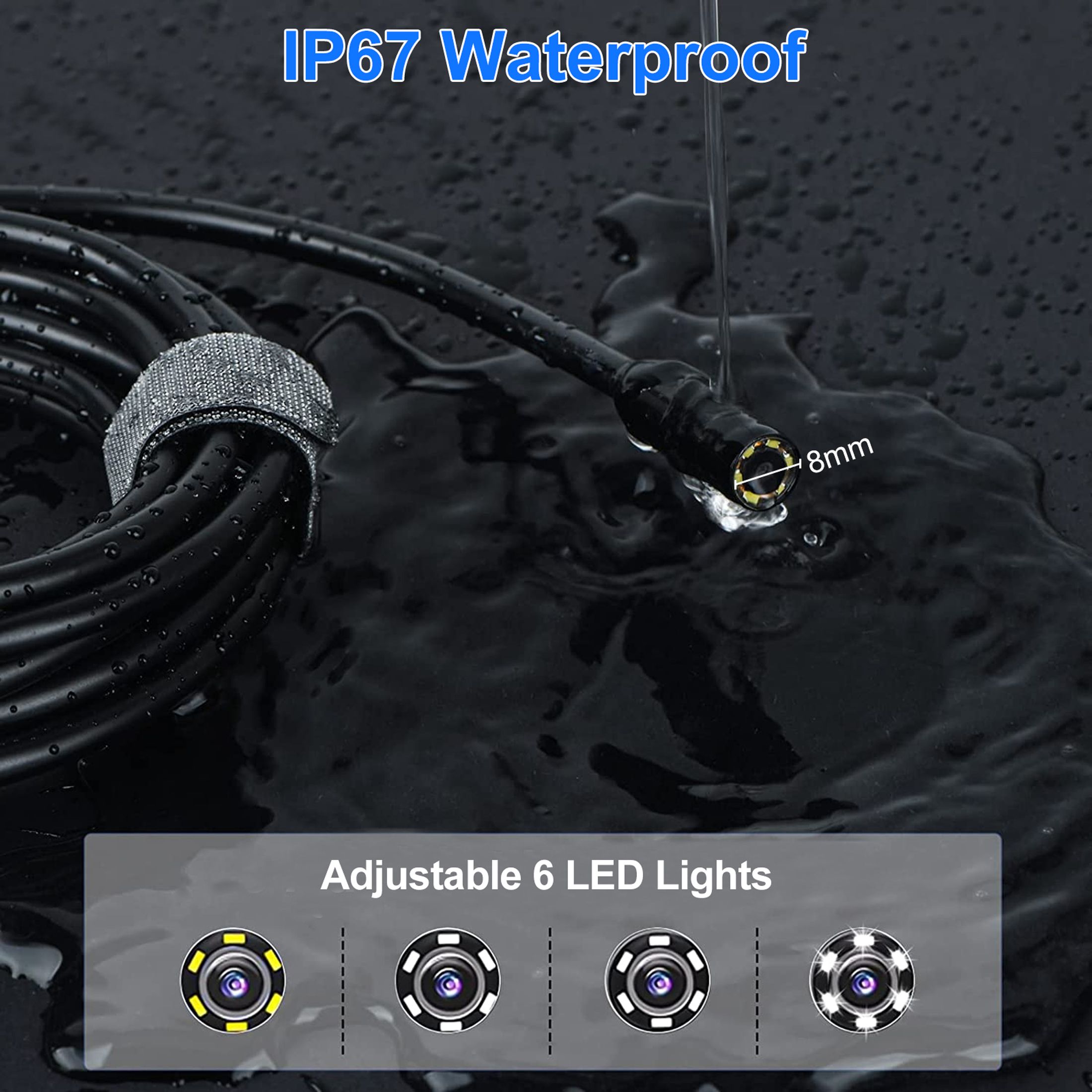 Industrial Endoscope, IP67 Waterproof Handheld Borescope Snake Inspection Camera with 6 LED Lights, 2m/6.6ft Semi-Flexible Cable