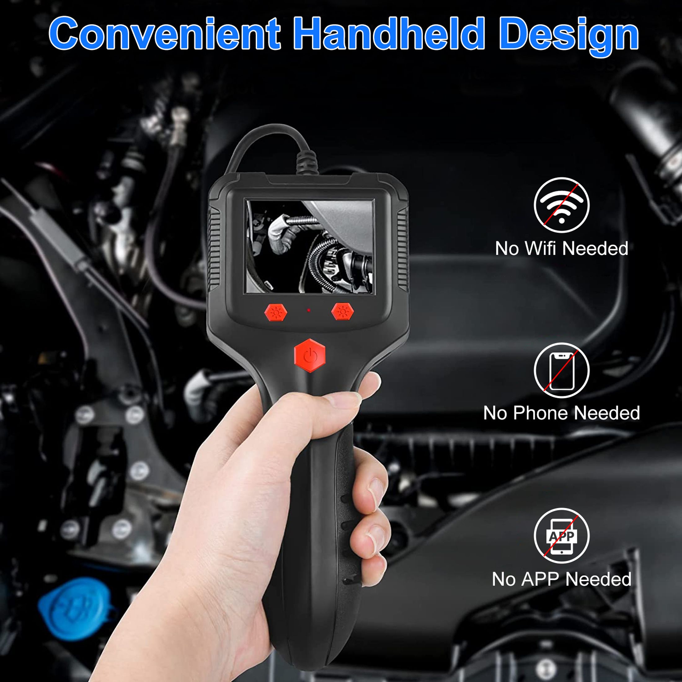Industrial Endoscope, IP67 Waterproof Handheld Borescope Snake Inspection Camera with 6 LED Lights, 2m/6.6ft Semi-Flexible Cable