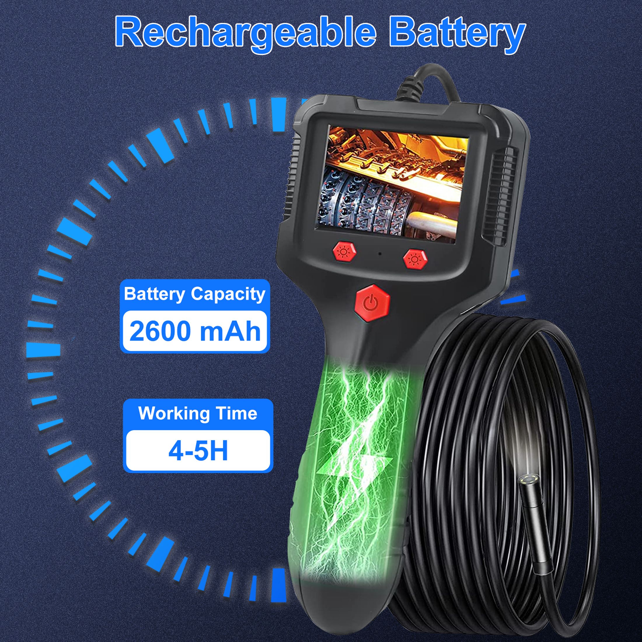 Industrial Endoscope, IP67 Waterproof Handheld Borescope Snake Inspection Camera with 6 LED Lights, 2m/6.6ft Semi-Flexible Cable