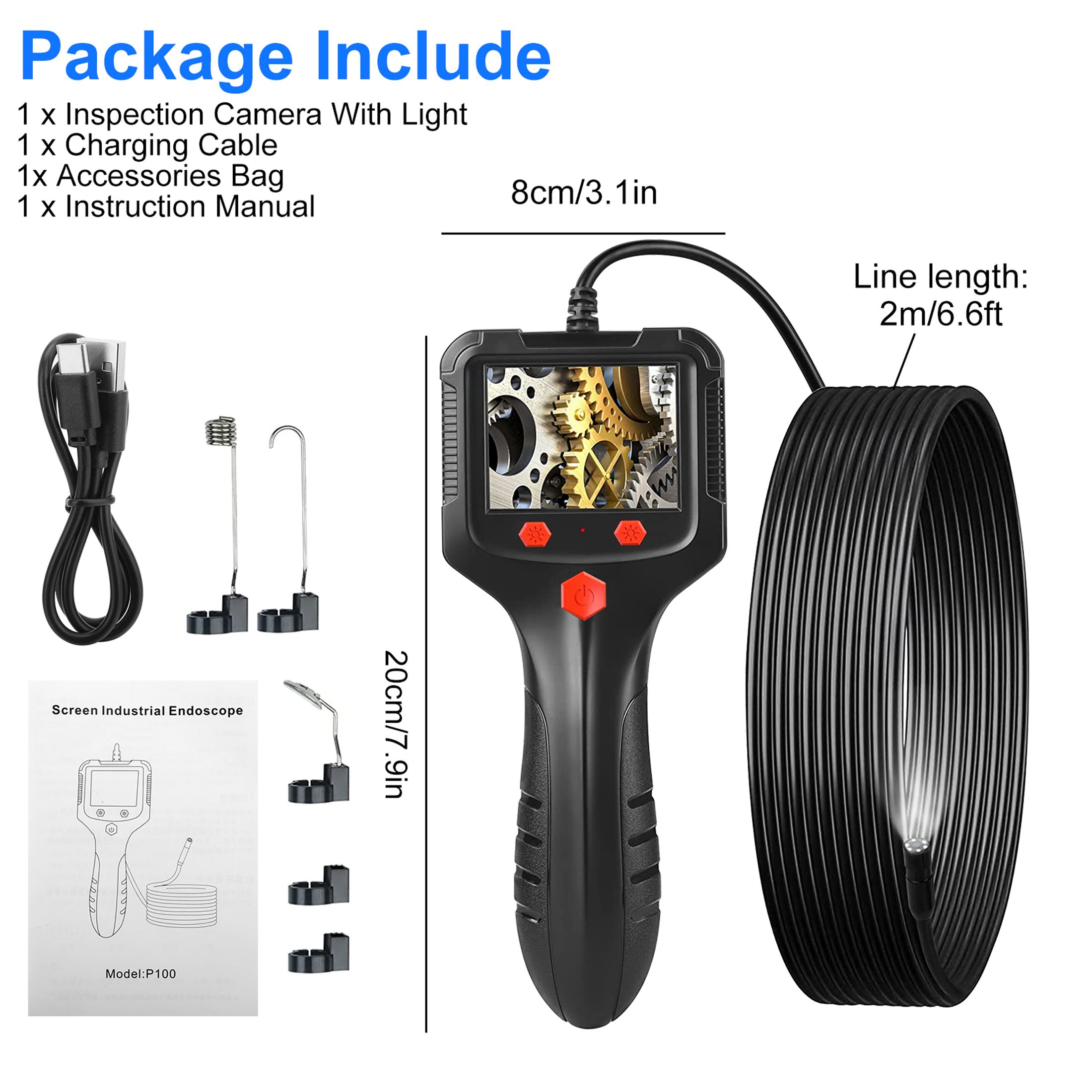 Industrial Endoscope, IP67 Waterproof Handheld Borescope Snake Inspection Camera with 6 LED Lights, 2m/6.6ft Semi-Flexible Cable