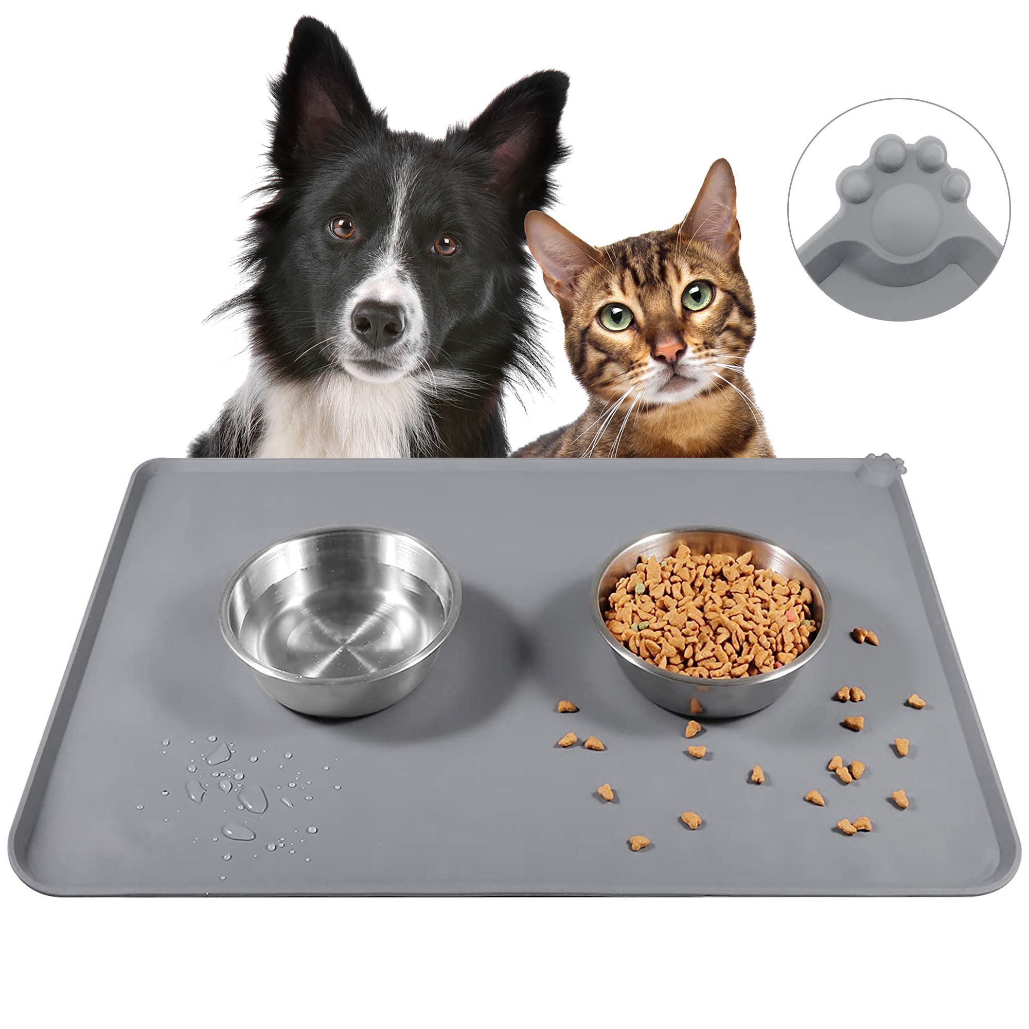 Pet Placemat Mat, 47 x 28cm Dog Cat Feeding Food Pad Silicone Waterproof, Gray