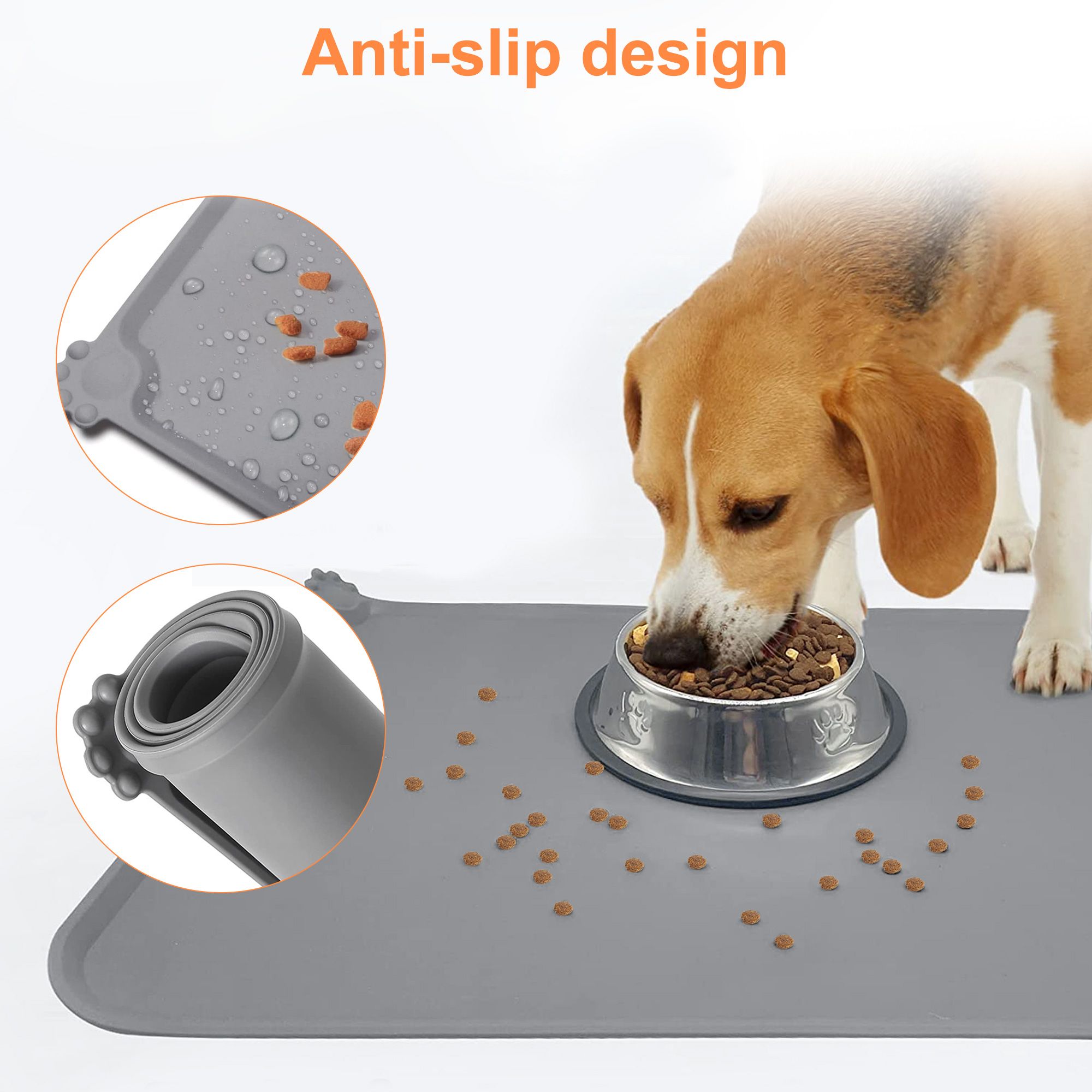 Pet Placemat Mat, 47 x 28cm Dog Cat Feeding Food Pad Silicone Waterproof, Gray