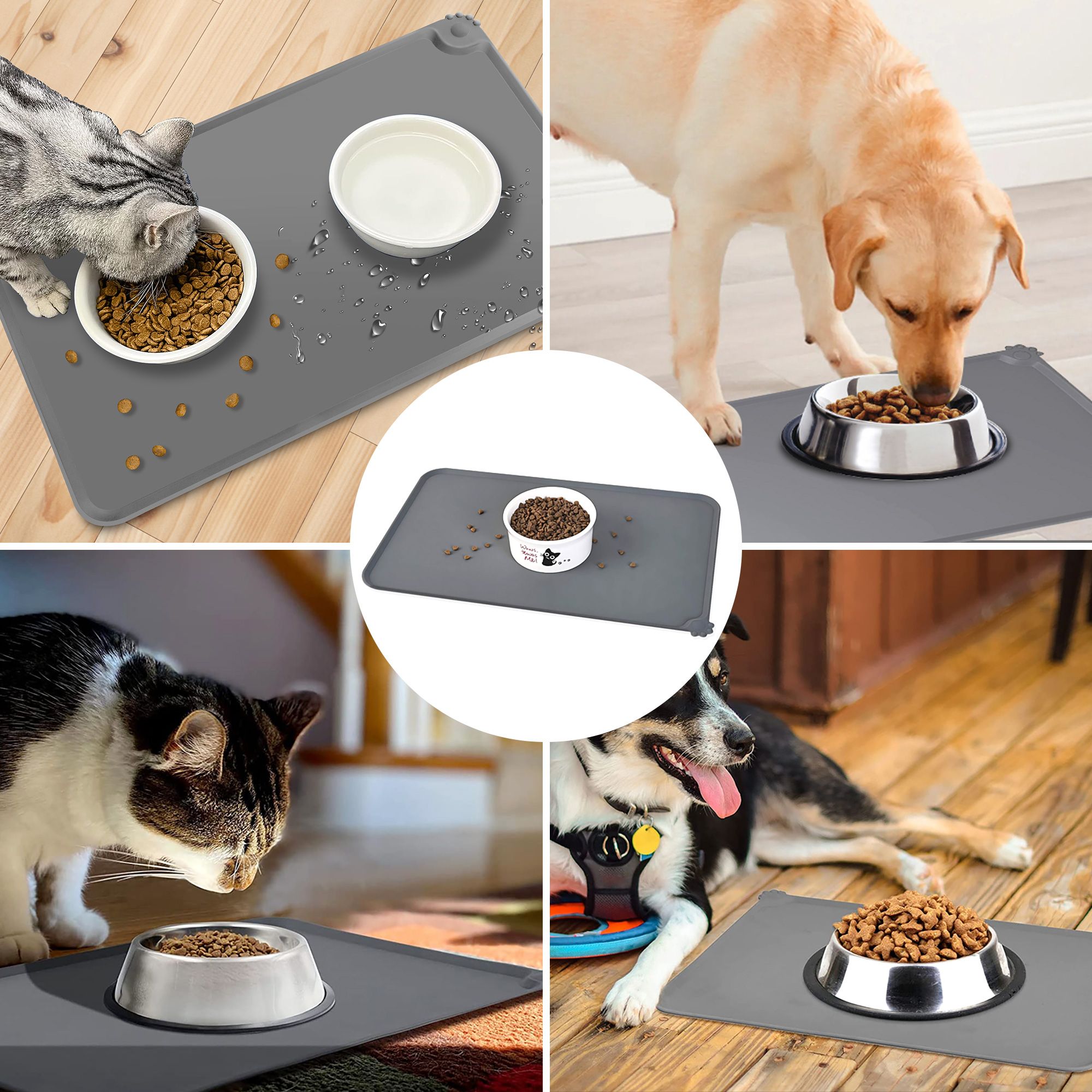 Pet Placemat Mat, 47 x 28cm Dog Cat Feeding Food Pad Silicone Waterproof, Gray