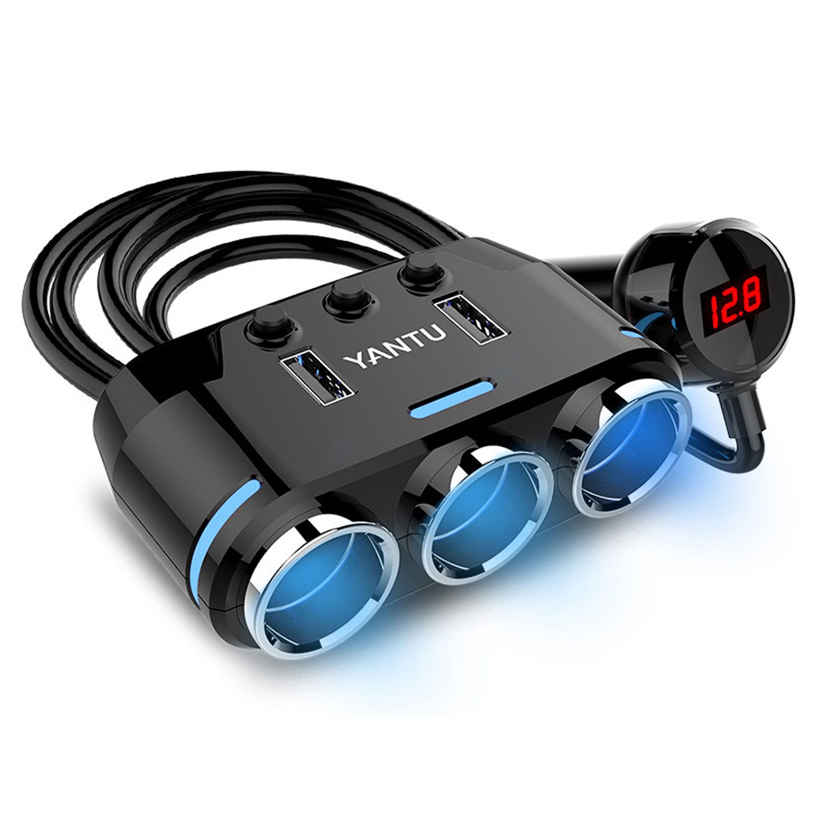 Cigarette Lighter Adapter & Splitter with 150W 3-Sockets & LED Ambient Lighting, Dual USB Fast Charging Car Outlet 12V, Car Cigarette Lighter Socket Plug Extension for Vehicles