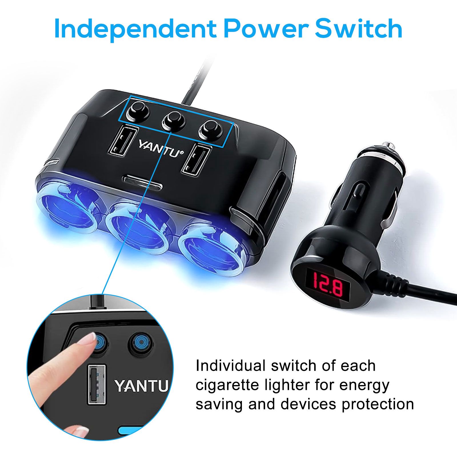 Cigarette Lighter Adapter & Splitter with 150W 3-Sockets & LED Ambient Lighting, Dual USB Fast Charging Car Outlet 12V, Car Cigarette Lighter Socket Plug Extension for Vehicles