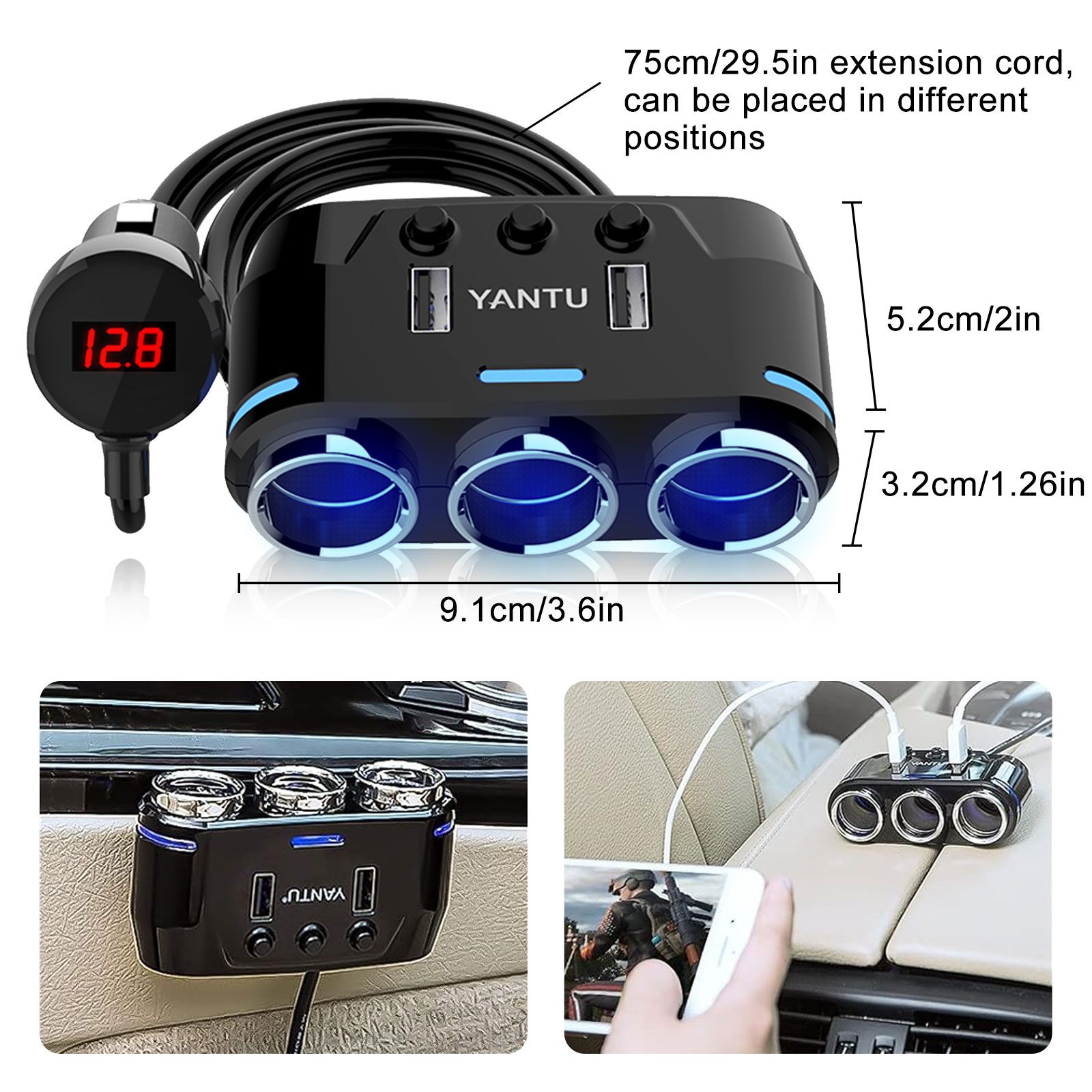 Cigarette Lighter Adapter & Splitter with 150W 3-Sockets & LED Ambient Lighting, Dual USB Fast Charging Car Outlet 12V, Car Cigarette Lighter Socket Plug Extension for Vehicles