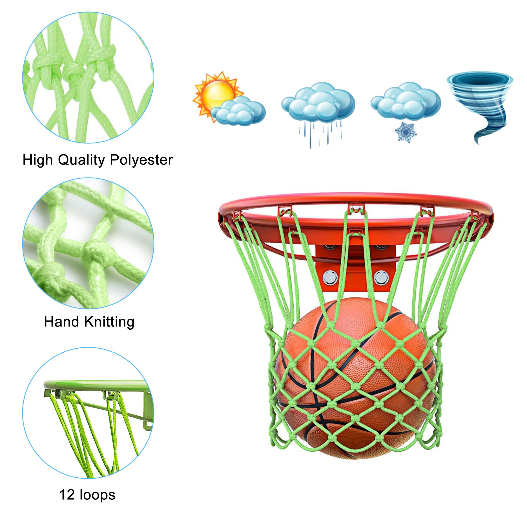 Luminous Basketball Net, Heavy Duty Nightlight Basketball Net, Glow in the Dark, All Weather Anti Whip, 12 Loops Standard Size Basketball Net for Outdoor Sports, Nylon