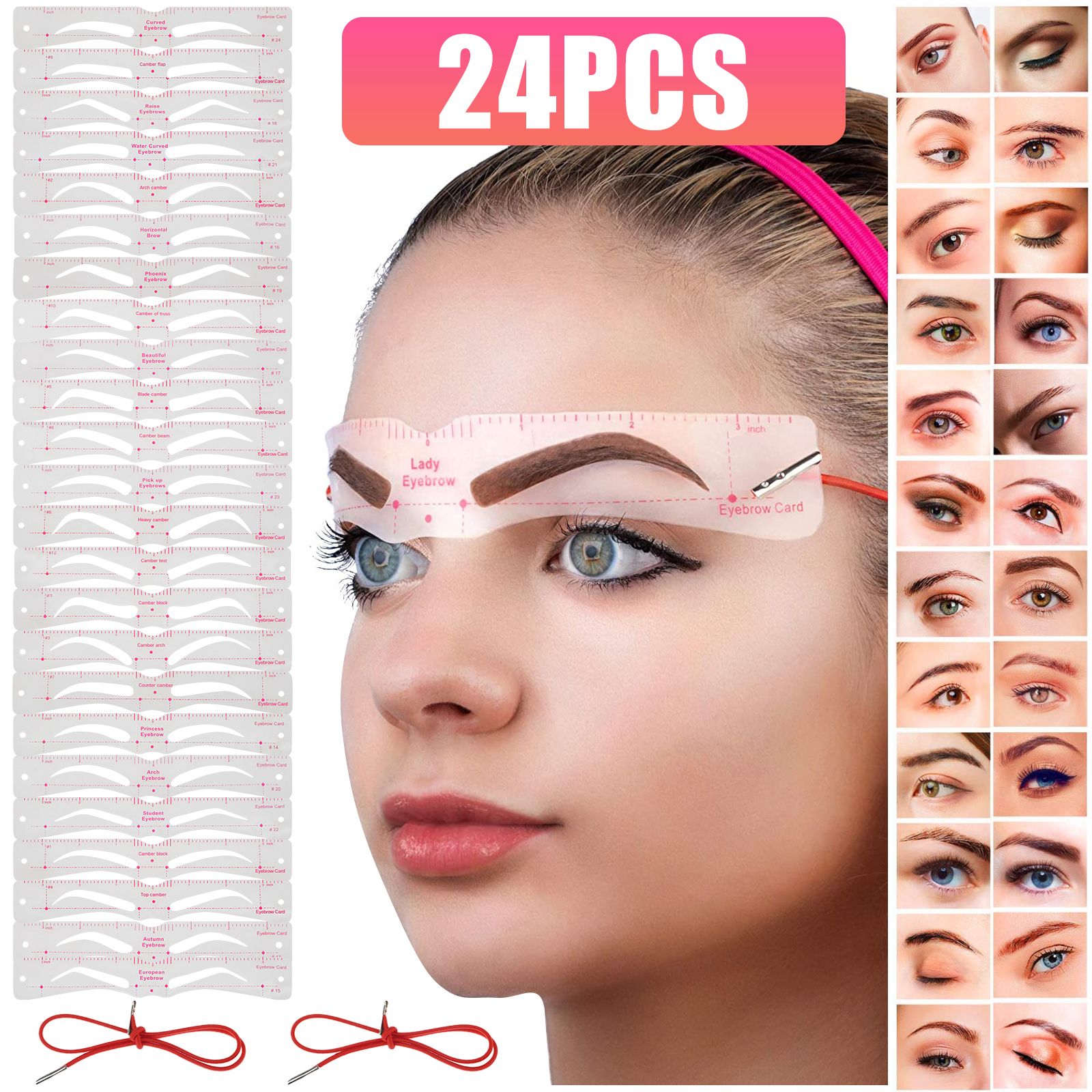 Eyebrow Stencil, 24pcs Eyebrow Shaper Kit, Reusable Eyebrow Trimming Tool for Women, Eyebrow Grooming Stencil Kit DIY Shaping Templates with Fixing Rope, 3 Mins Makeup, Suitable for 98%