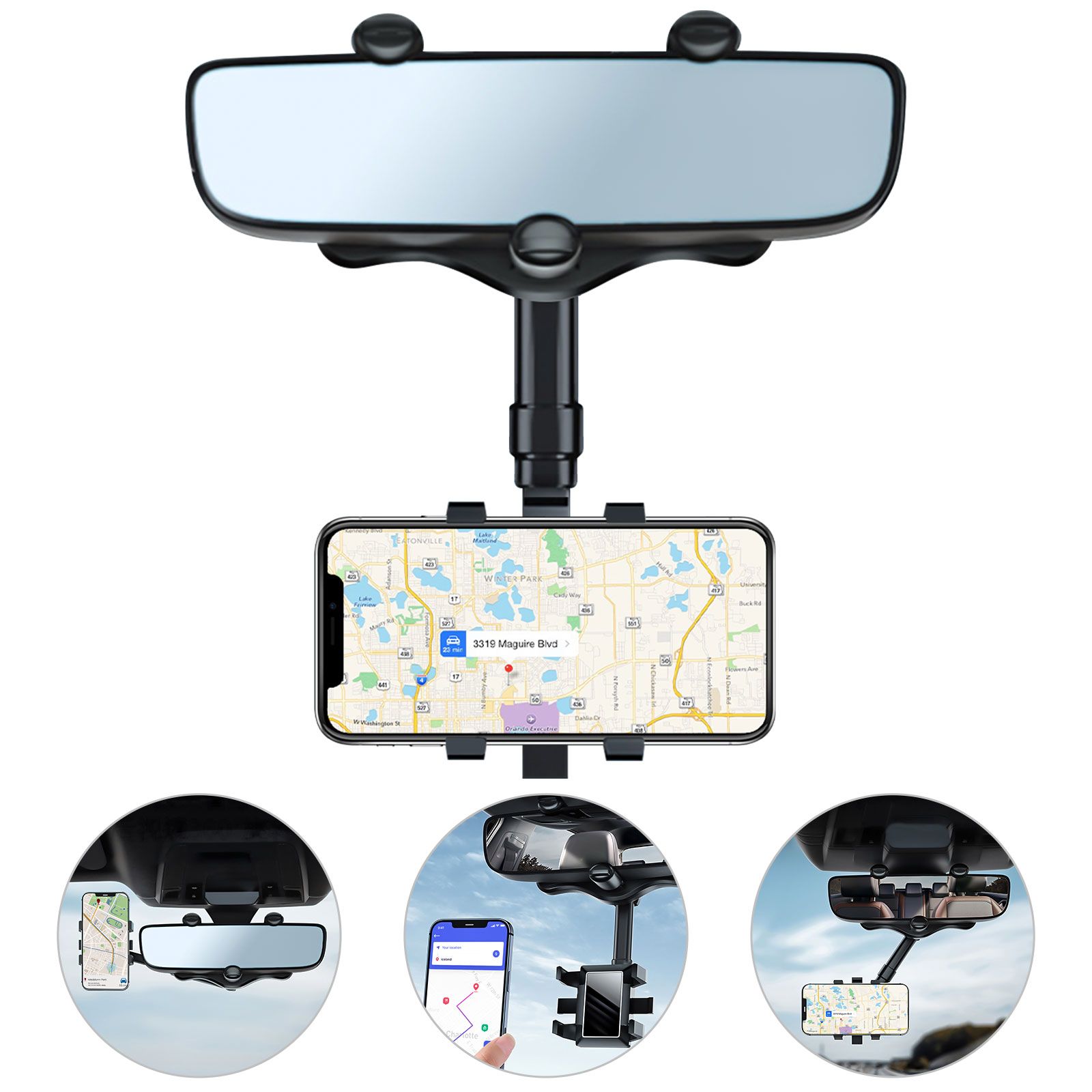 Car Phone Mount, Rearview Mirror Cell Phone Holder, Universal Adjustable Rear View Mirror Clips Cradle, 360° Bracket Car Mount Fits for iPhone 14 13 12 Pro Max, Galaxy