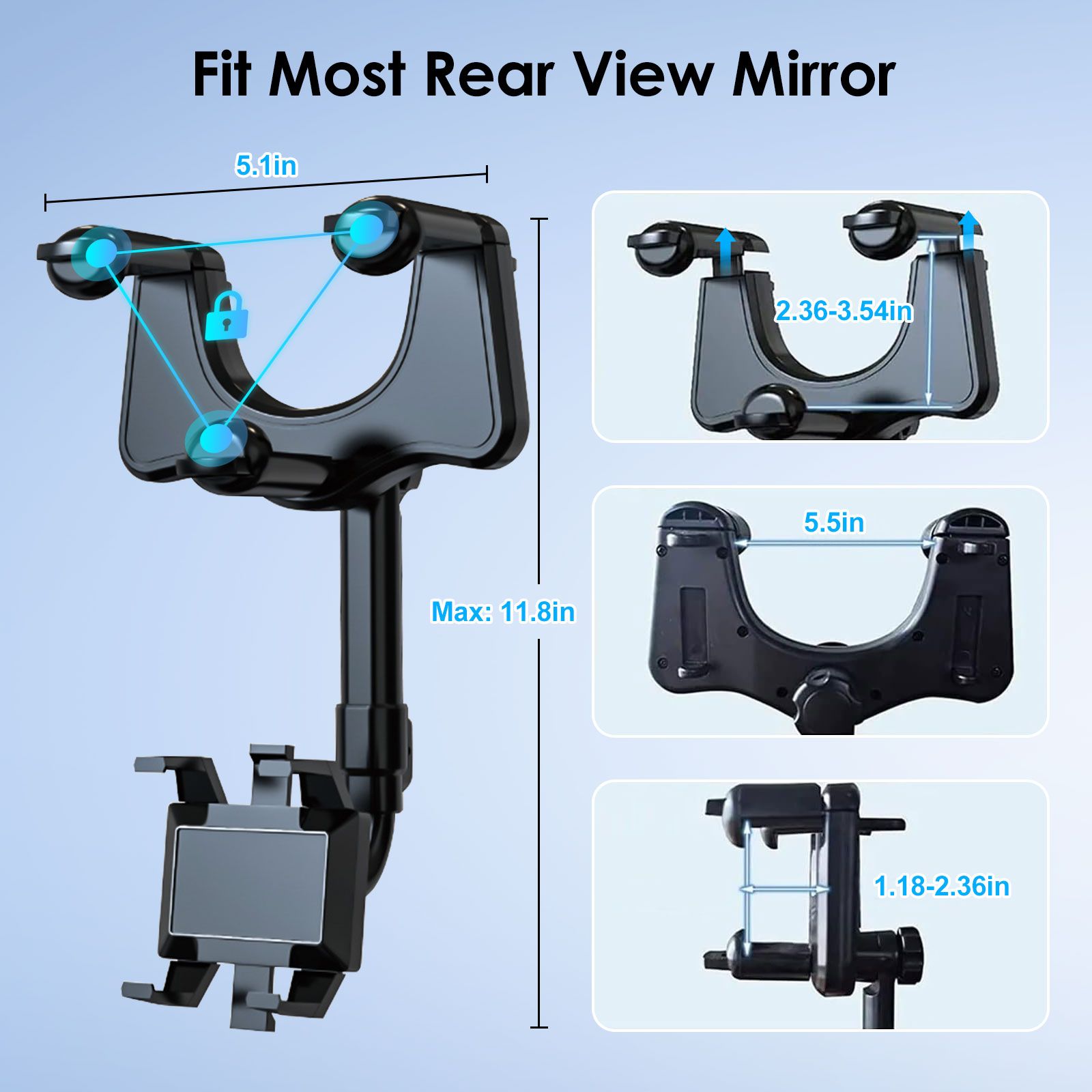 Car Phone Mount, Rearview Mirror Cell Phone Holder, Universal Adjustable Rear View Mirror Clips Cradle, 360° Bracket Car Mount Fits for iPhone 14 13 12 Pro Max, Galaxy