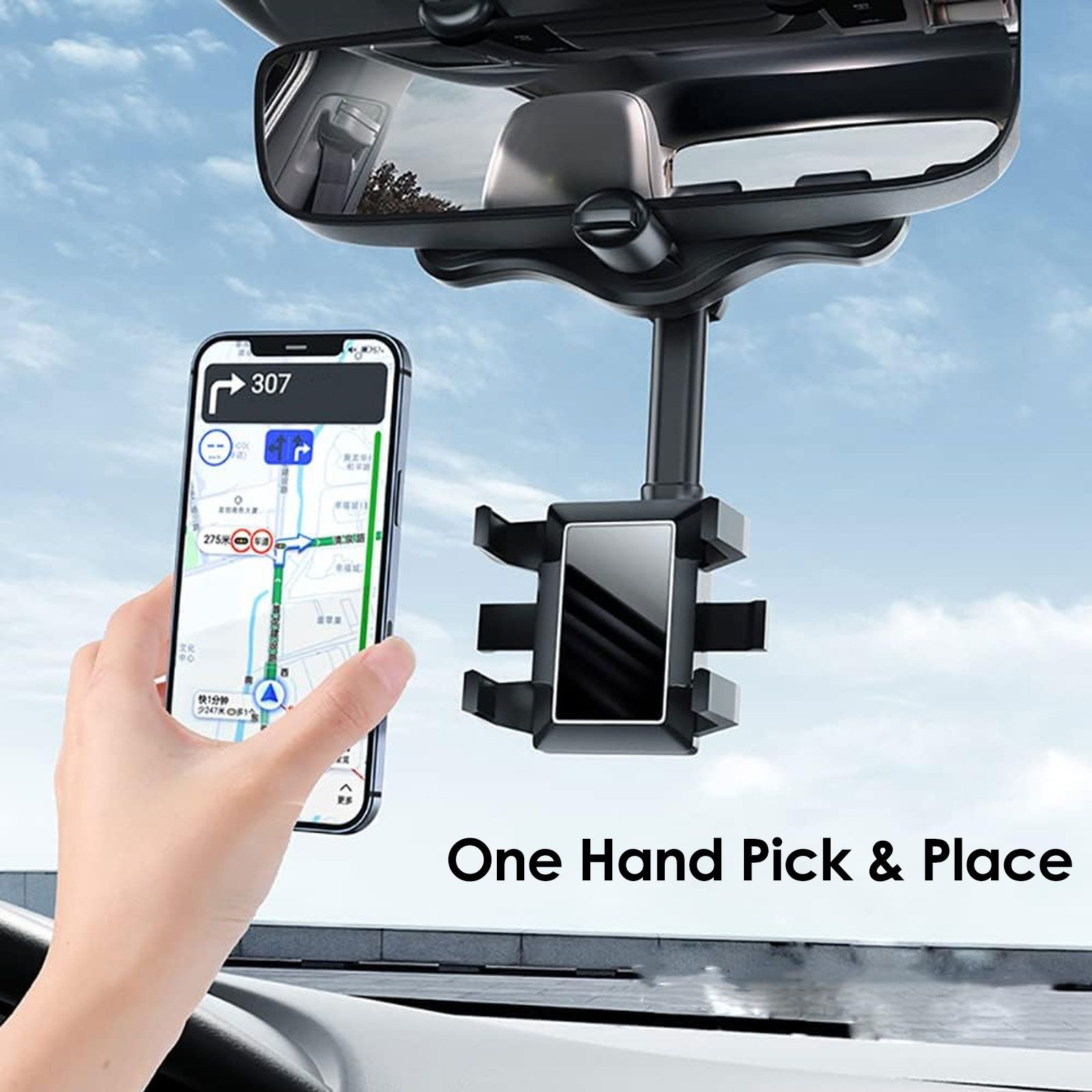Car Phone Mount, Rearview Mirror Cell Phone Holder, Universal Adjustable Rear View Mirror Clips Cradle, 360° Bracket Car Mount Fits for iPhone 14 13 12 Pro Max, Galaxy