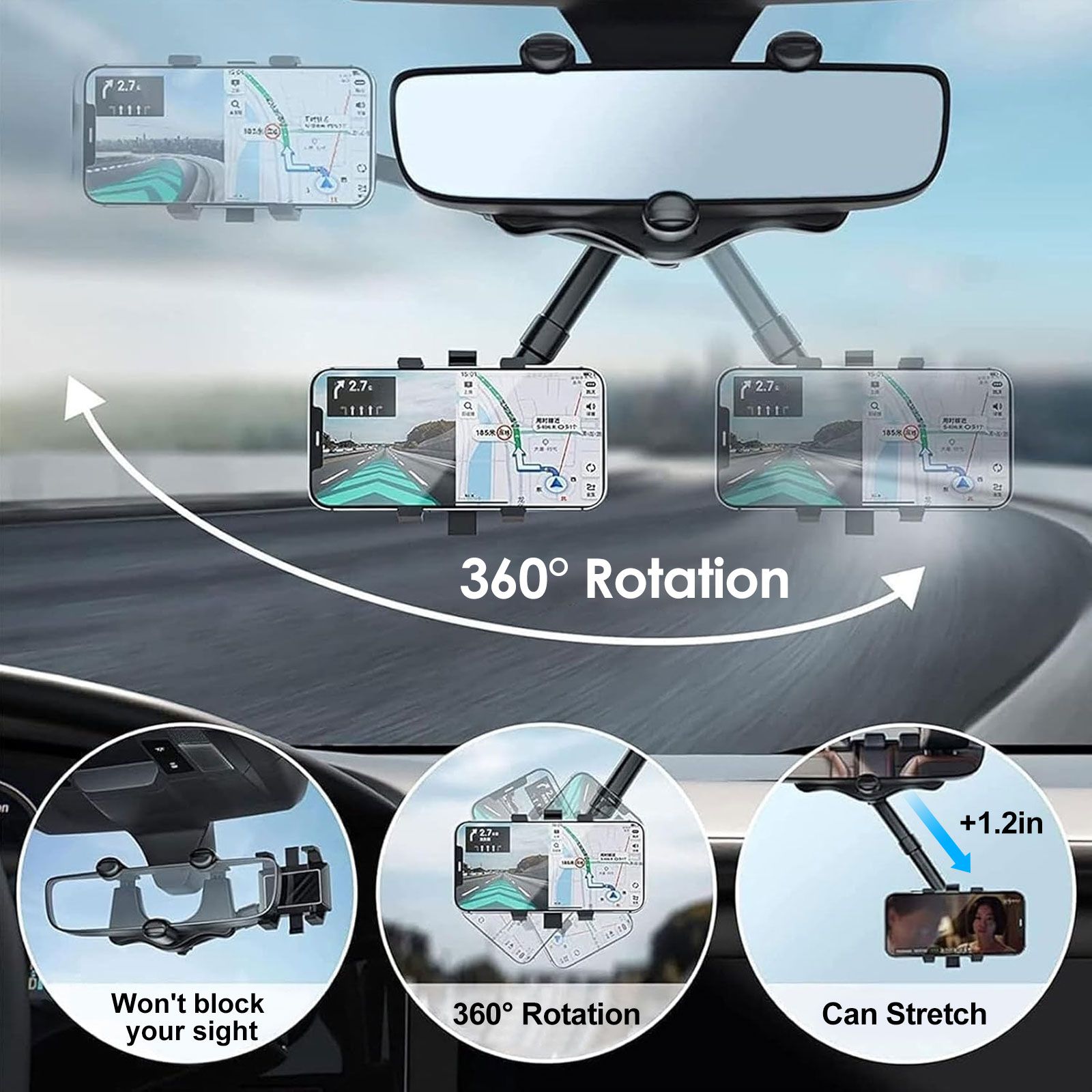 Car Phone Mount, Rearview Mirror Cell Phone Holder, Universal Adjustable Rear View Mirror Clips Cradle, 360° Bracket Car Mount Fits for iPhone 14 13 12 Pro Max, Galaxy