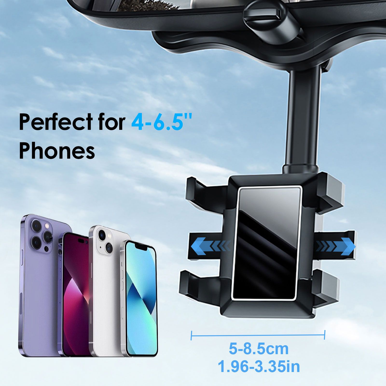 Car Phone Mount, Rearview Mirror Cell Phone Holder, Universal Adjustable Rear View Mirror Clips Cradle, 360° Bracket Car Mount Fits for iPhone 14 13 12 Pro Max, Galaxy