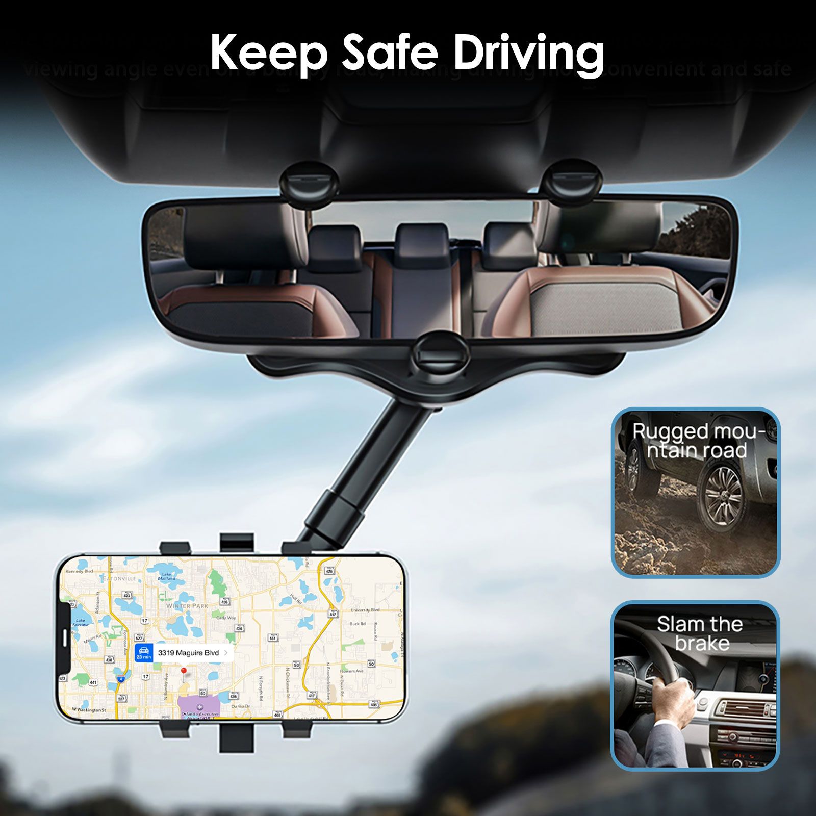 Car Phone Mount, Rearview Mirror Cell Phone Holder, Universal Adjustable Rear View Mirror Clips Cradle, 360° Bracket Car Mount Fits for iPhone 14 13 12 Pro Max, Galaxy