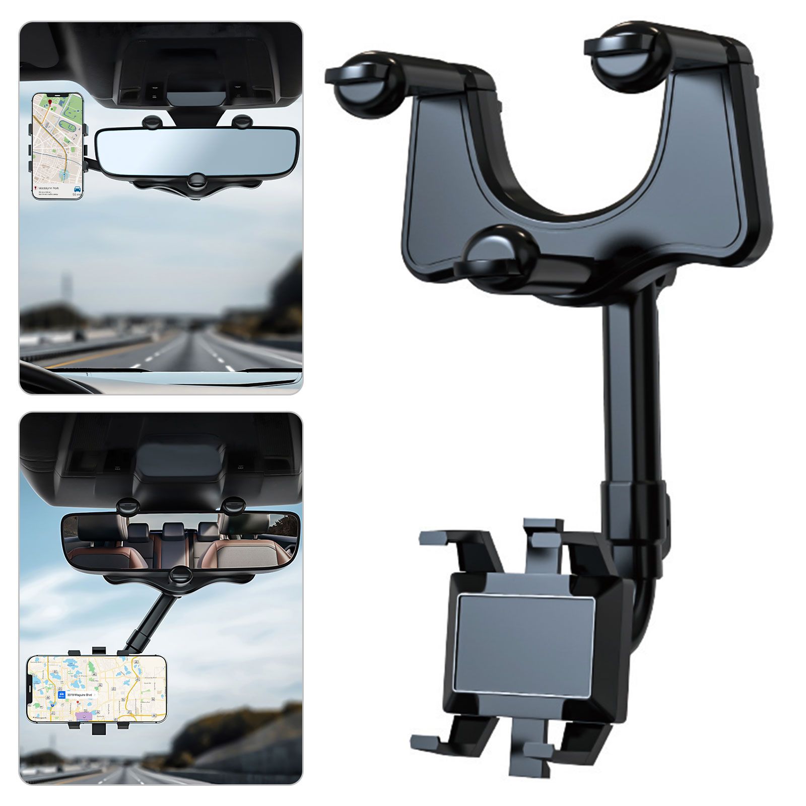 Car Phone Mount, Rearview Mirror Cell Phone Holder, Universal Adjustable Rear View Mirror Clips Cradle, 360° Bracket Car Mount Fits for iPhone 14 13 12 Pro Max, Galaxy