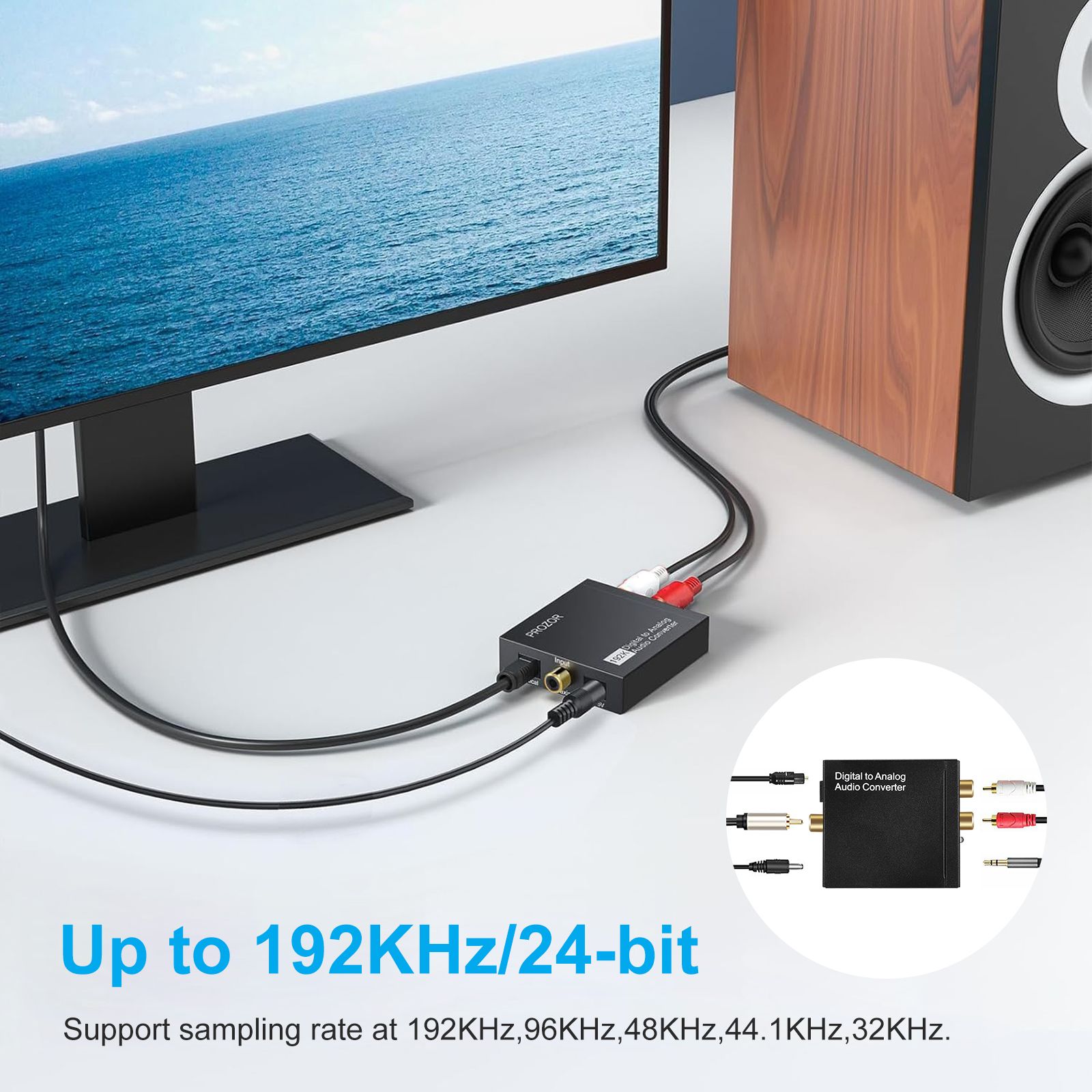 Digital-to-Analog Audio Converter, 96KHz DAC Digital Coaxial and Optical (Toslink/SPDIF) to Analog 3.5mm AUX and RCA (L/R) Stereo Audio Adapter DAC Converter with Fiber and Power Cable