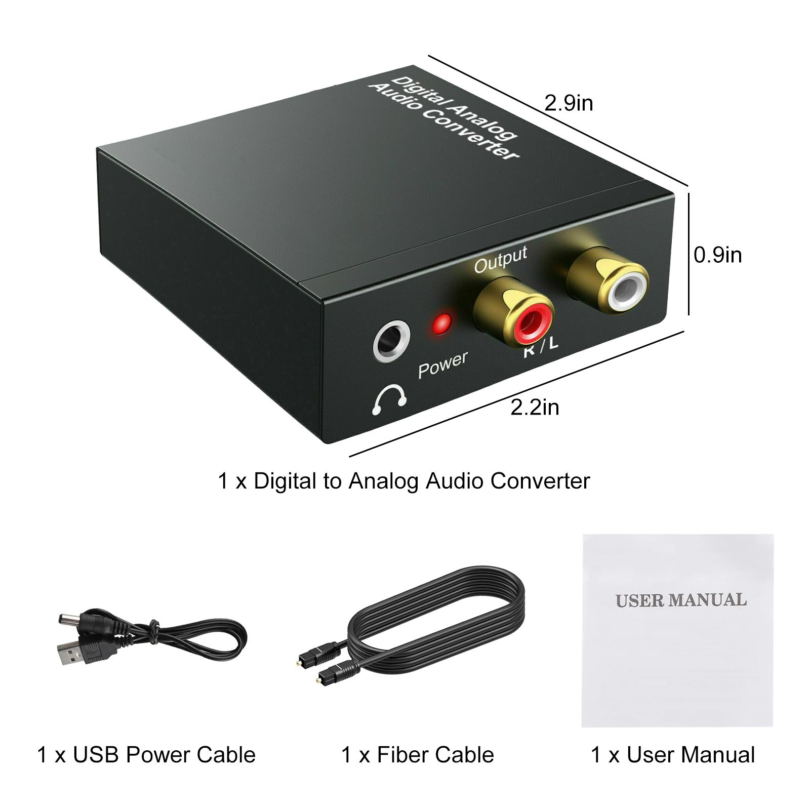 Digital-to-Analog Audio Converter, 96KHz DAC Digital Coaxial and Optical (Toslink/SPDIF) to Analog 3.5mm AUX and RCA (L/R) Stereo Audio Adapter DAC Converter with Fiber and Power Cable