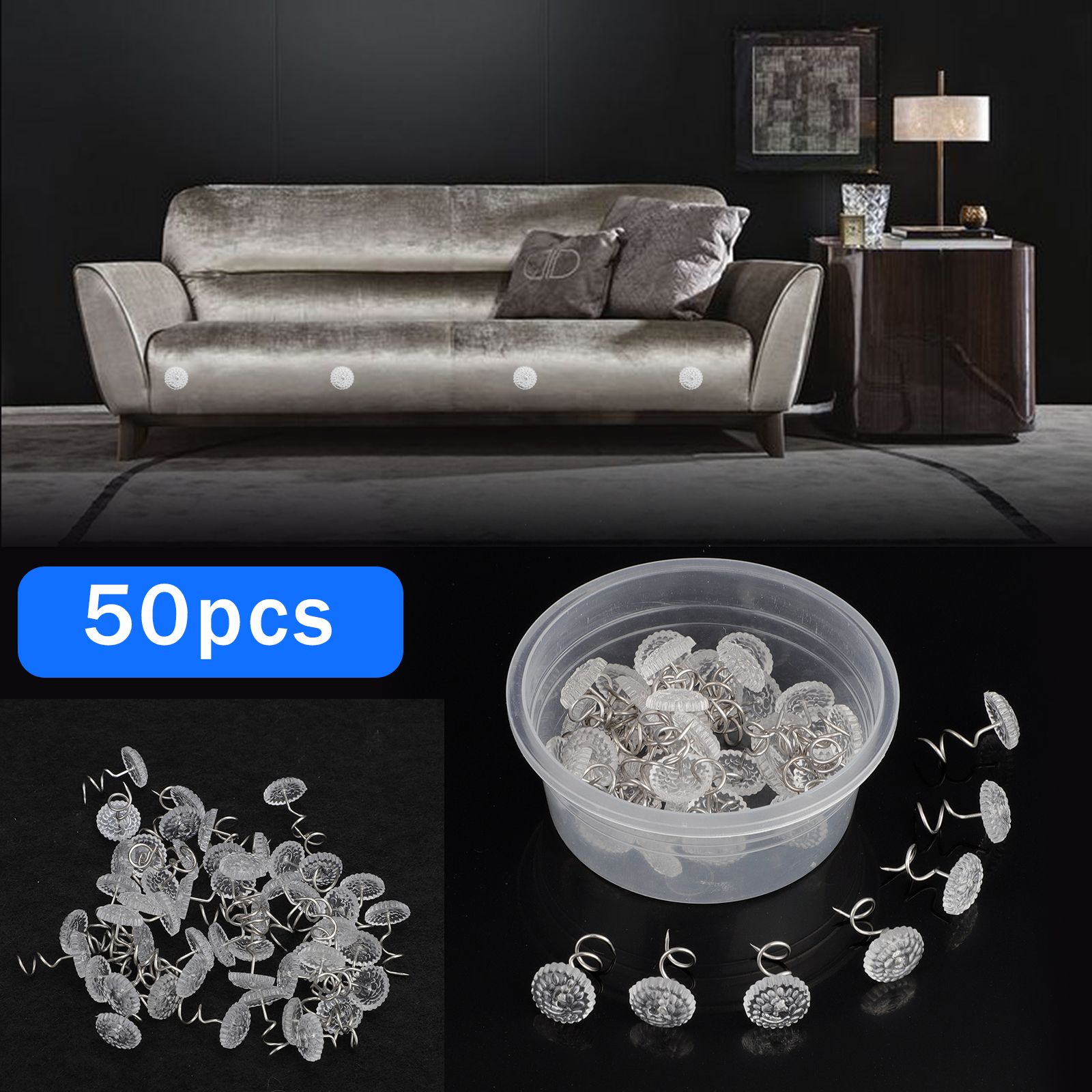 50 Pcs Clear Heads Screw Nail, Anti-rust Twist Pins with Clear Heads for Upholstery, Slipcovers, Bed Skirts, Fixed Screw Pins for Sofa Cushion and Mattress, Stainless Steel Torsion Pins