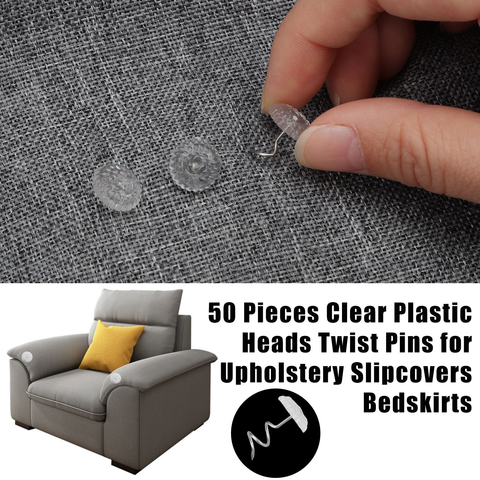 50 Pcs Clear Heads Screw Nail, Anti-rust Twist Pins with Clear Heads for Upholstery, Slipcovers, Bed Skirts, Fixed Screw Pins for Sofa Cushion and Mattress, Stainless Steel Torsion Pins