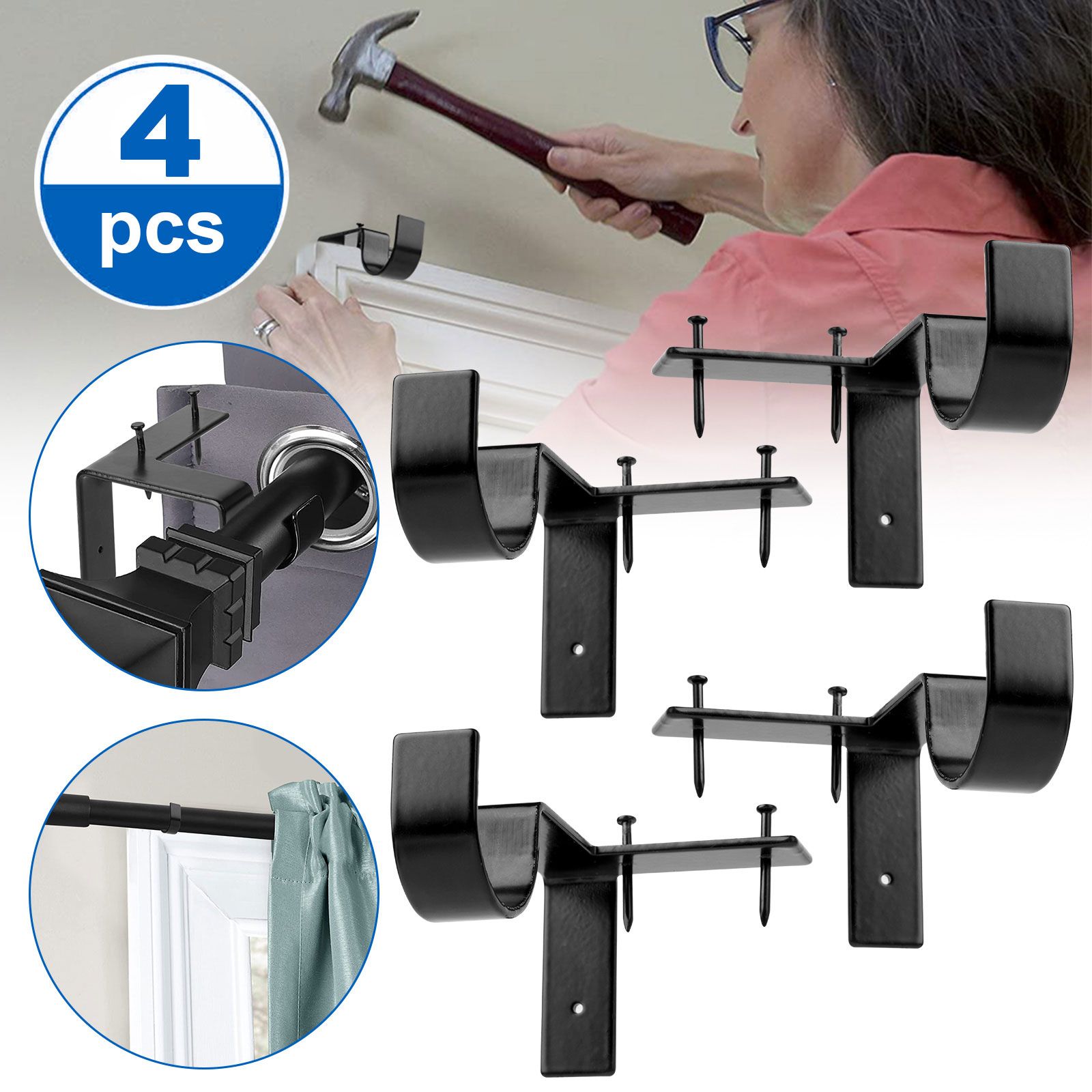 4 Pack No Drill Curtain Rod Bracket, Adjustable Metal Heavy Duty Curtain Rod, Quick Hang No Damage Screwless Curtain Rods Brackets for Home Window and Door Frame (Black)