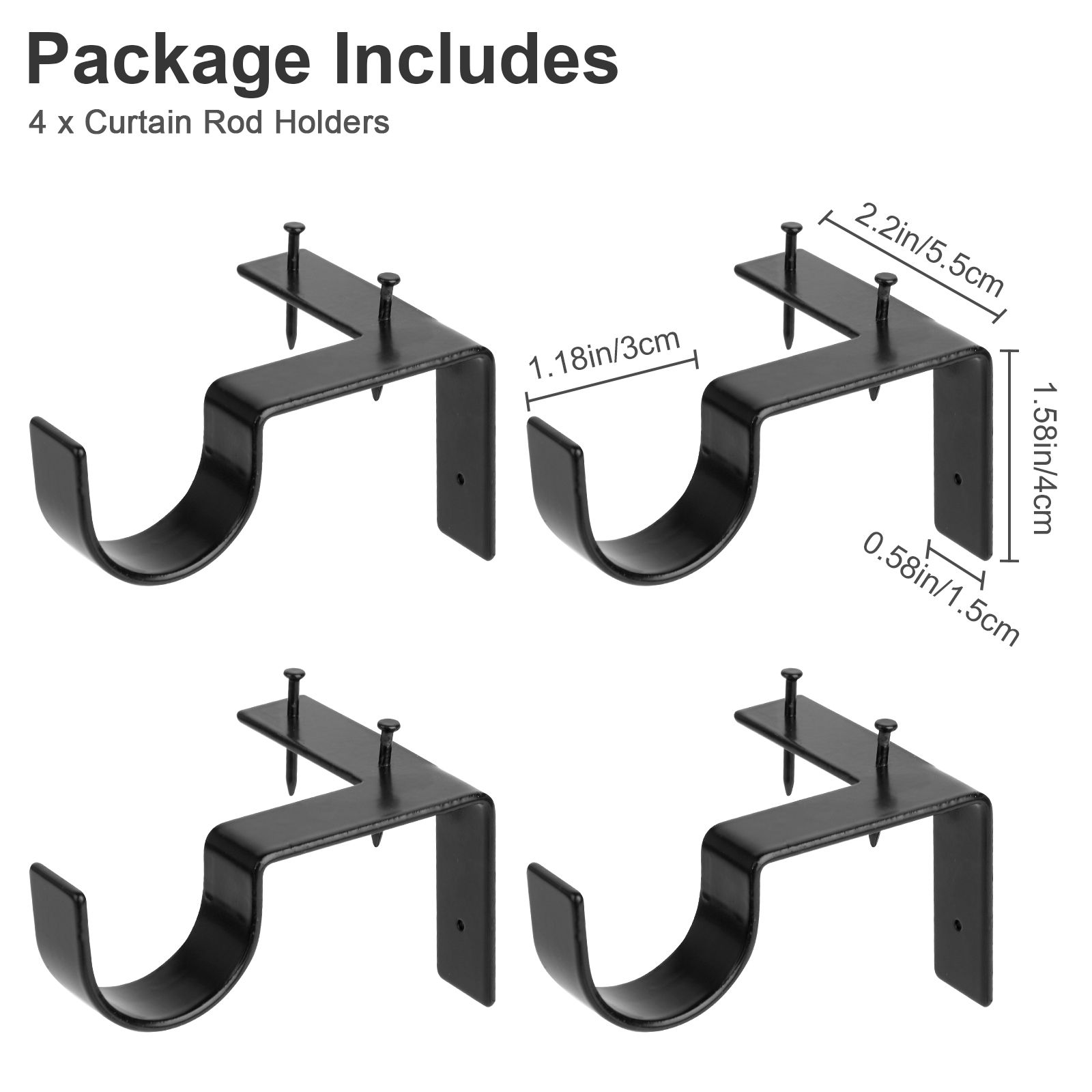 4 Pack No Drill Curtain Rod Bracket, Adjustable Metal Heavy Duty Curtain Rod, Quick Hang No Damage Screwless Curtain Rods Brackets for Home Window and Door Frame (Black)
