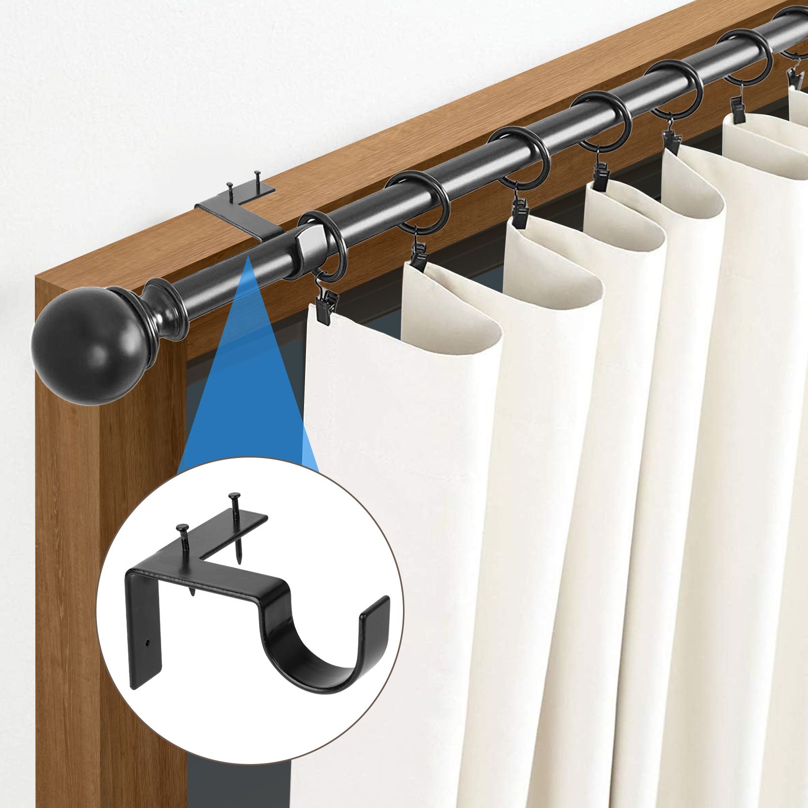 4 Pack No Drill Curtain Rod Bracket, Adjustable Metal Heavy Duty Curtain Rod, Quick Hang No Damage Screwless Curtain Rods Brackets for Home Window and Door Frame (Black)