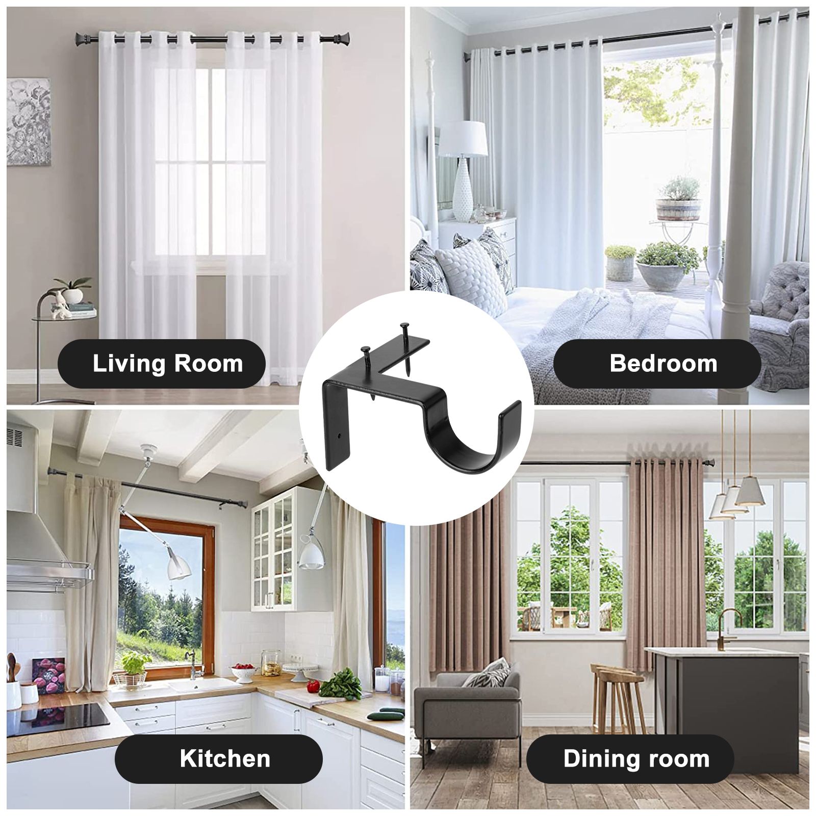 4 Pack No Drill Curtain Rod Bracket, Adjustable Metal Heavy Duty Curtain Rod, Quick Hang No Damage Screwless Curtain Rods Brackets for Home Window and Door Frame (Black)