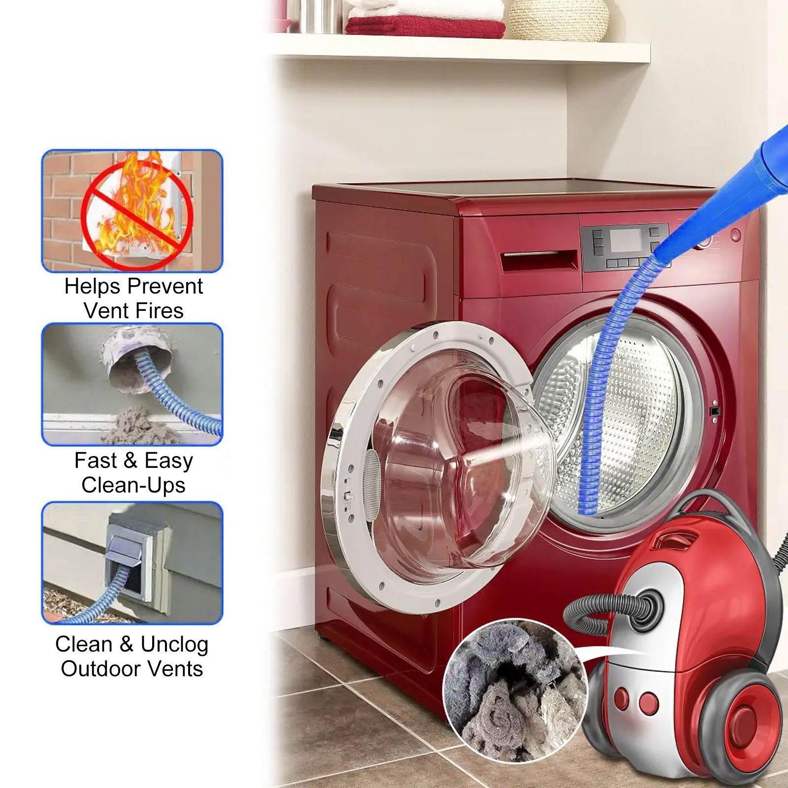 Dryer Vent Cleaner Kit Vacuum Attachment Compatible with Most Vacuum Cleaners,  Lint Remover Power Washers and Vacuum Hose Quickly Removes Lint