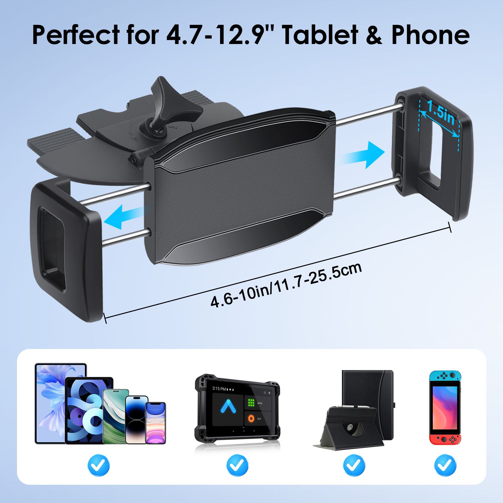 2 in 1 CD Slot Tablet Car Mount, Universal 360° Rotation CD Player Car Phone Holder Car CD Tray Tablet Stand for 4.7-12.9in Devices, Black