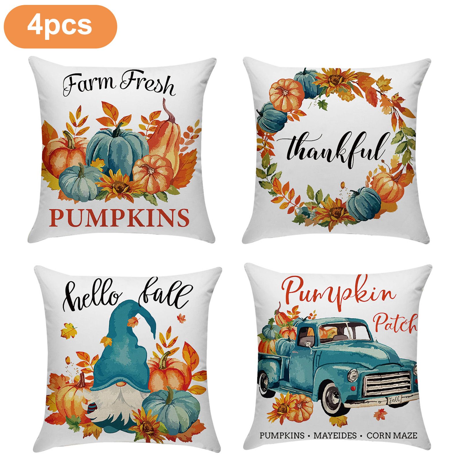 Fall Decor Pillow Covers 45x45cm Set of 4 Thanksgiving Decorations Blue and Orange Pumpkins Outdoor Fall Farmhouse Decorative Throw Pillow Covers Autumn Harvest Cushion Case for Couch Sofa