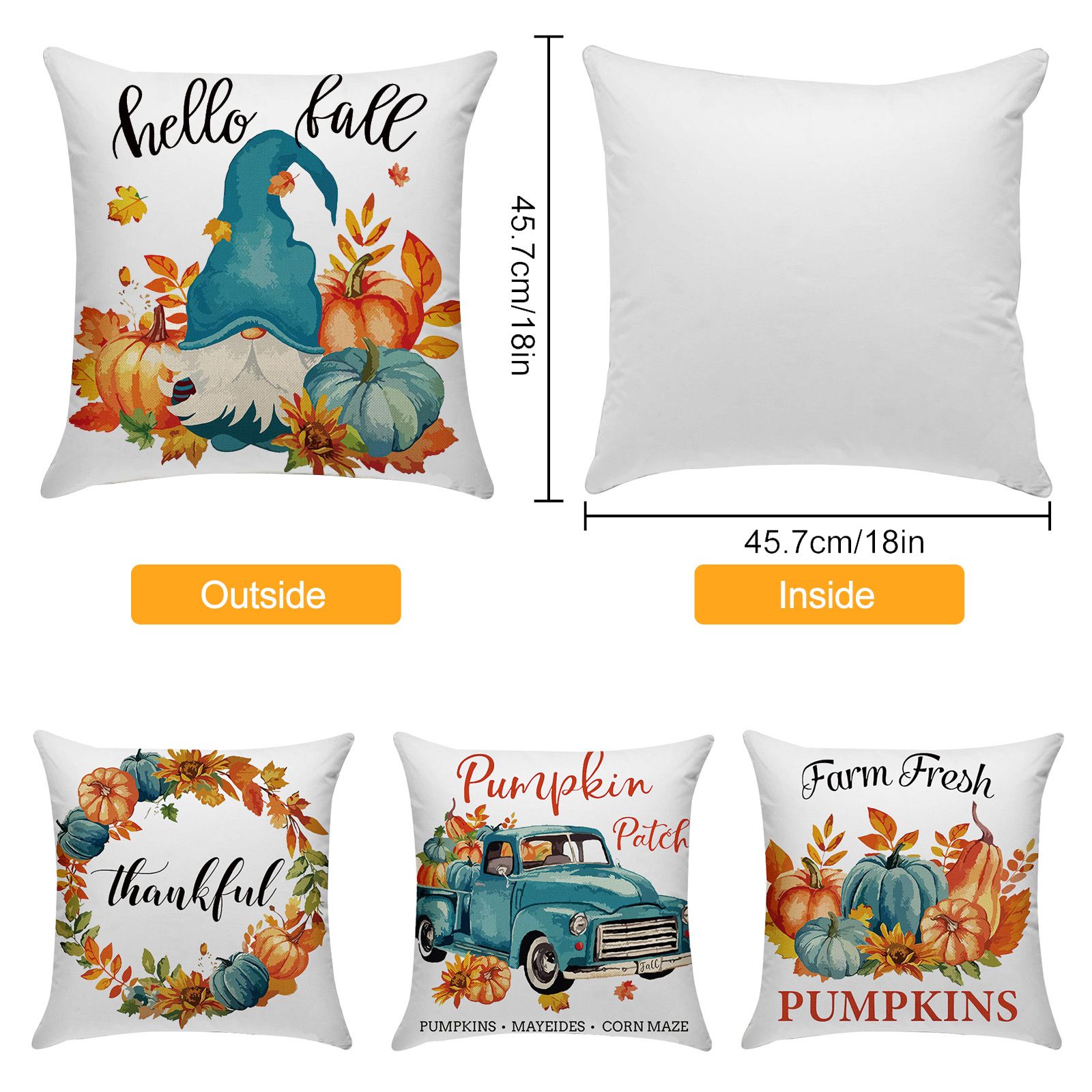 Fall Decor Pillow Covers 45x45cm Set of 4 Thanksgiving Decorations Blue and Orange Pumpkins Outdoor Fall Farmhouse Decorative Throw Pillow Covers Autumn Harvest Cushion Case for Couch Sofa