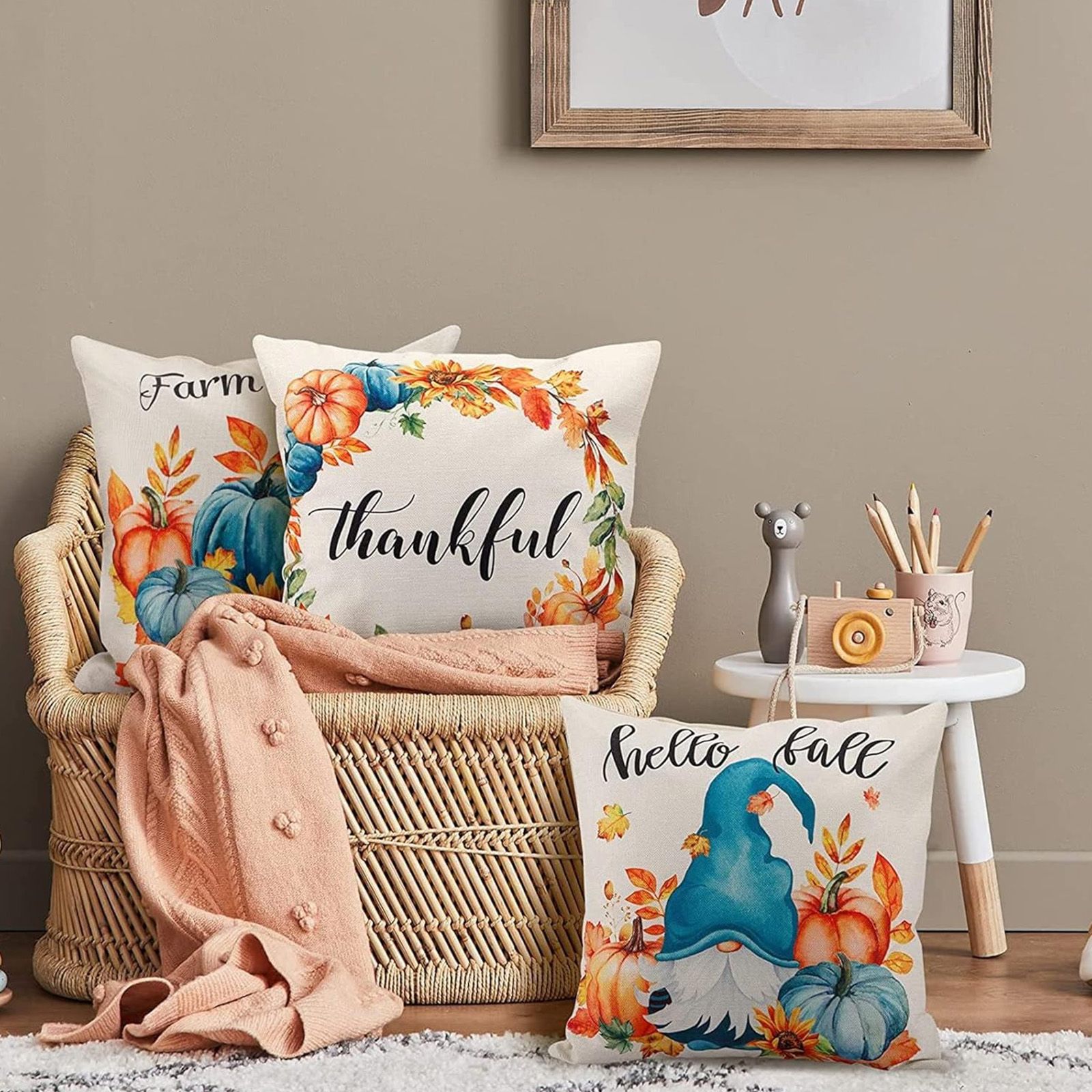 Fall Decor Pillow Covers 45x45cm Set of 4 Thanksgiving Decorations Blue and Orange Pumpkins Outdoor Fall Farmhouse Decorative Throw Pillow Covers Autumn Harvest Cushion Case for Couch Sofa