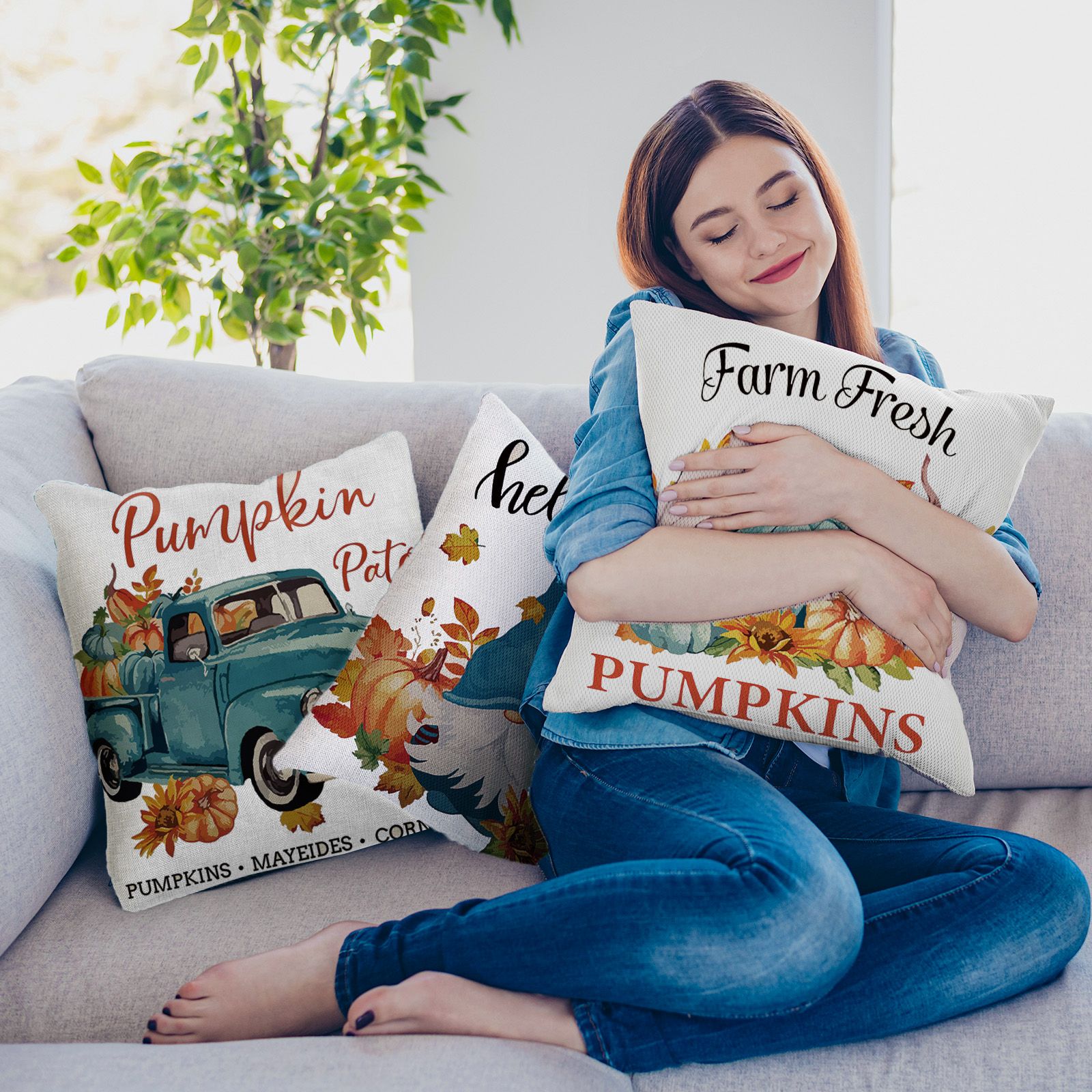 Fall Decor Pillow Covers 45x45cm Set of 4 Thanksgiving Decorations Blue and Orange Pumpkins Outdoor Fall Farmhouse Decorative Throw Pillow Covers Autumn Harvest Cushion Case for Couch Sofa